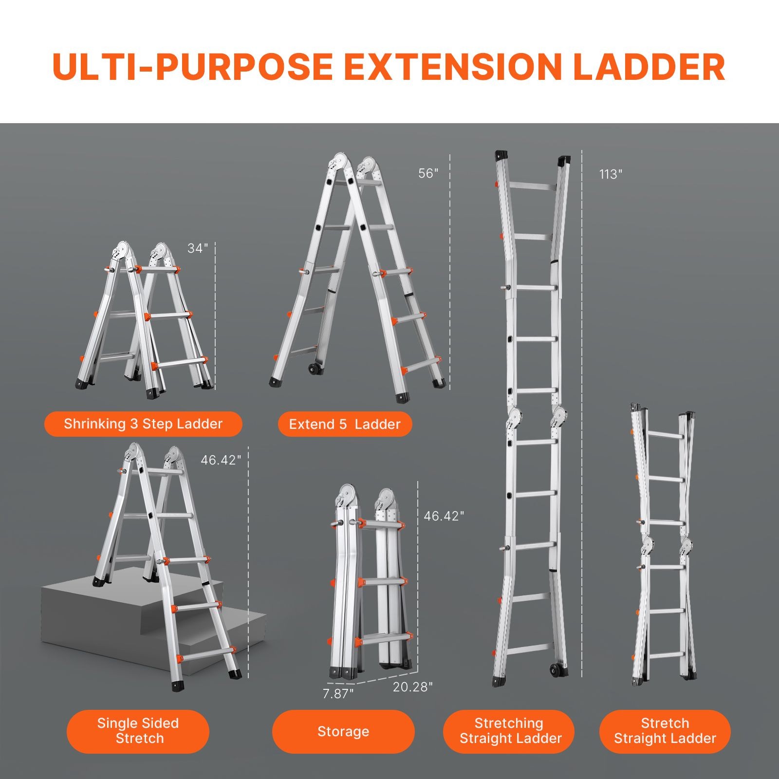 9.5 ft telescoping aluminum A – frame ladder, 330lb capacity, portable