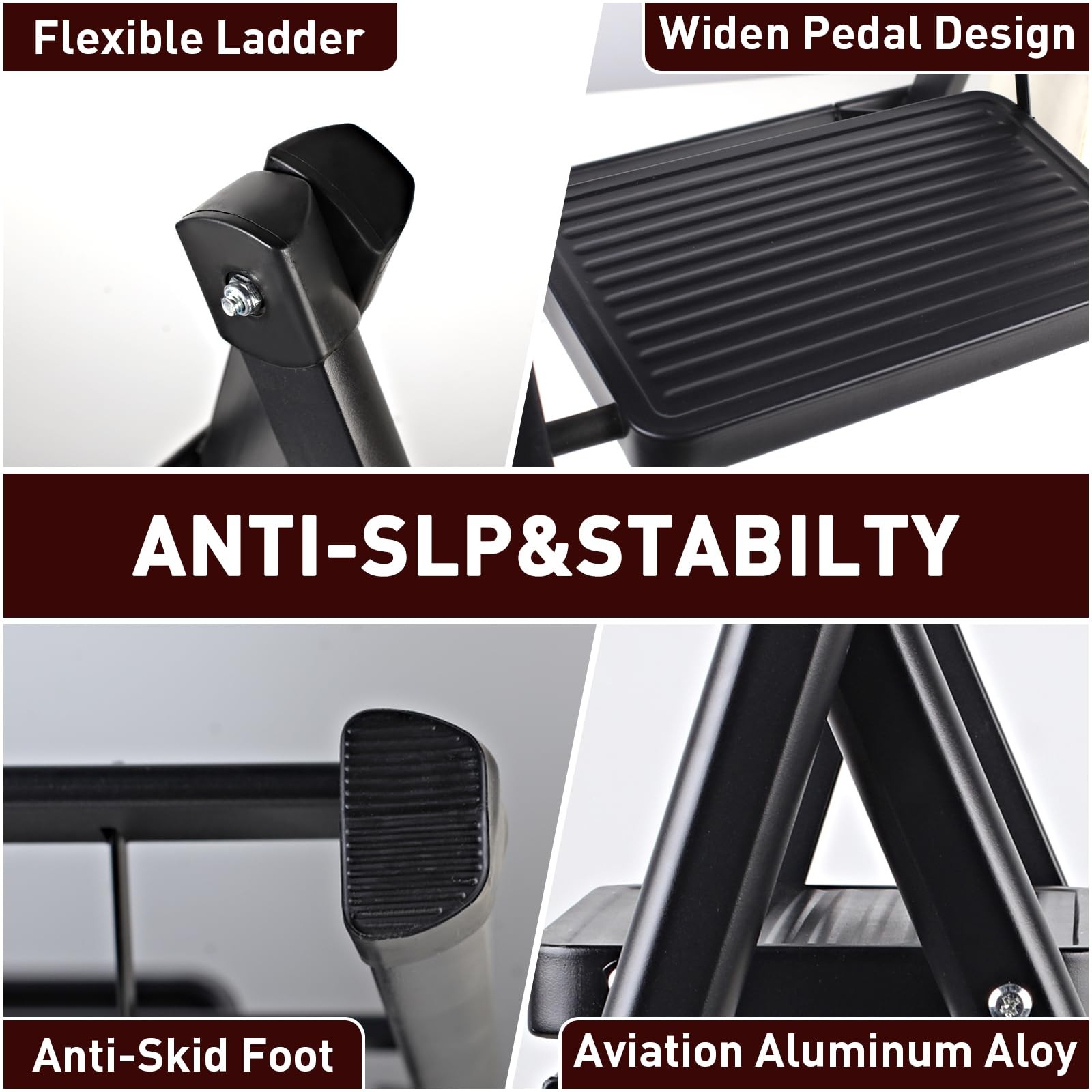 Uoisihur 3 Step Ladder, Portable Folding Stool for Home 3-Step, Black