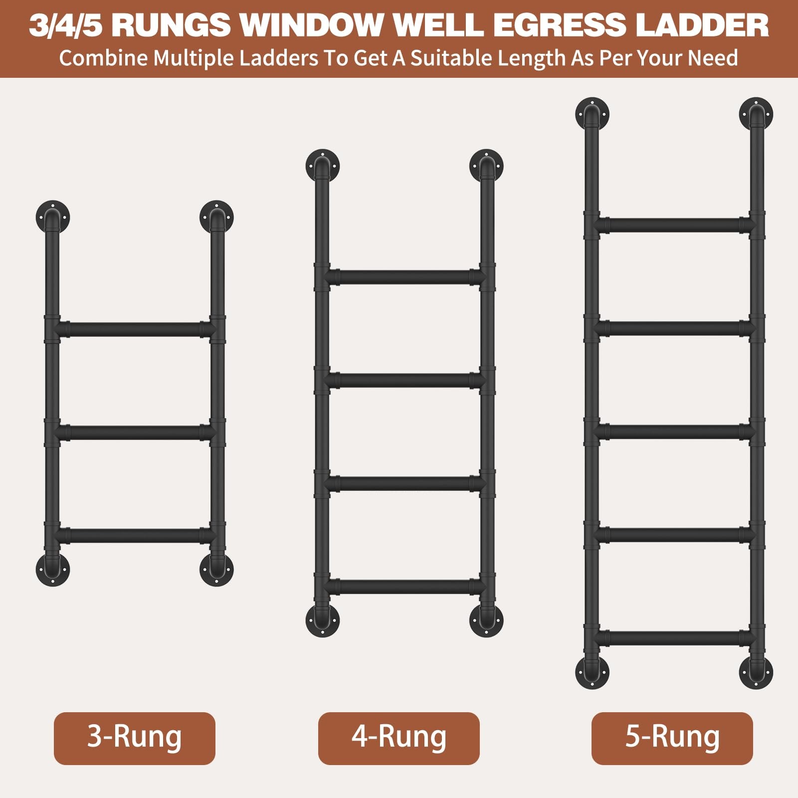 3-Rung Wall Mounted Metal Step Ladder, Basement Window Well 3.2FT, Black