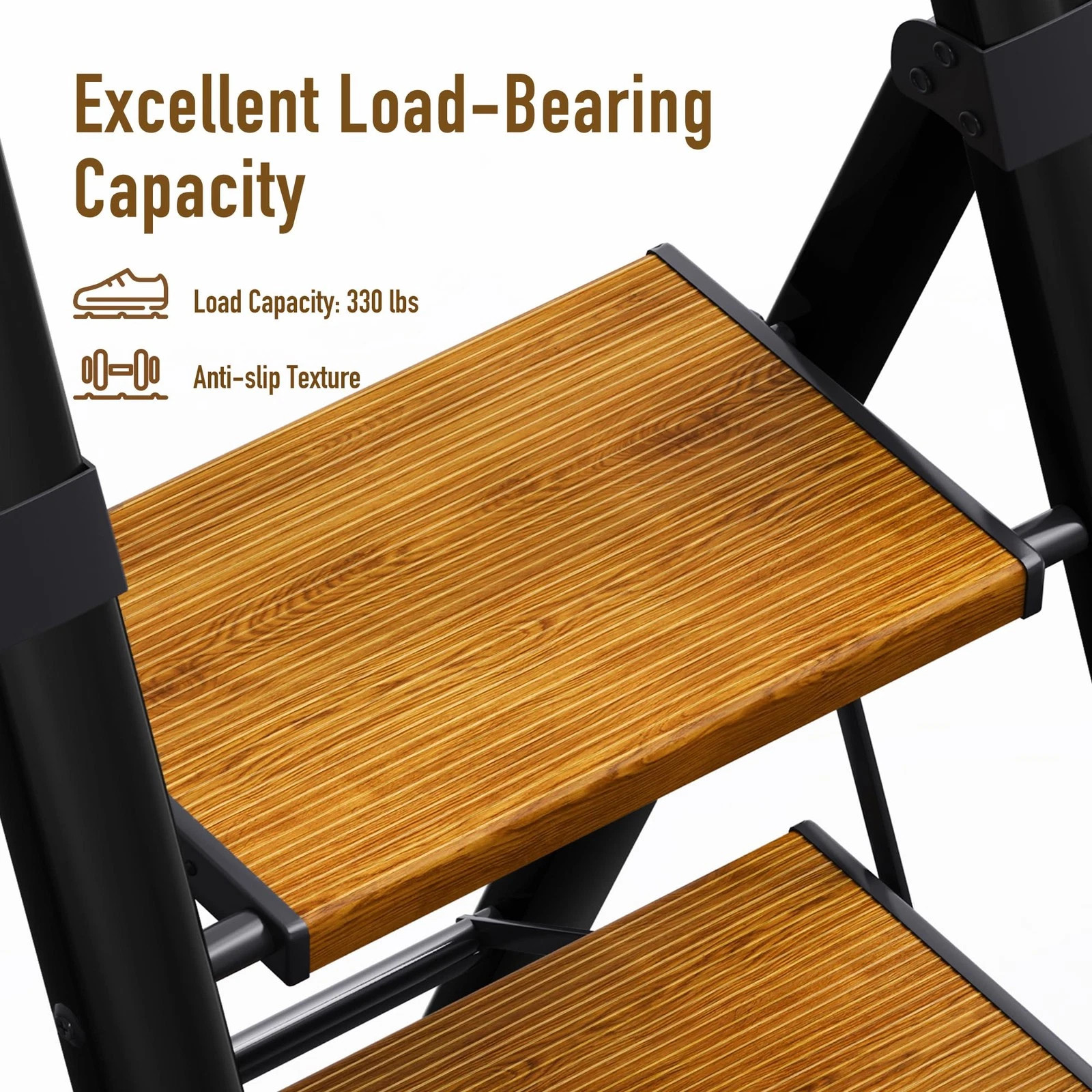 Black Woodgrain 5 Step Aluminum Ladder Foldable Handrail 330lbs Anti-Slip