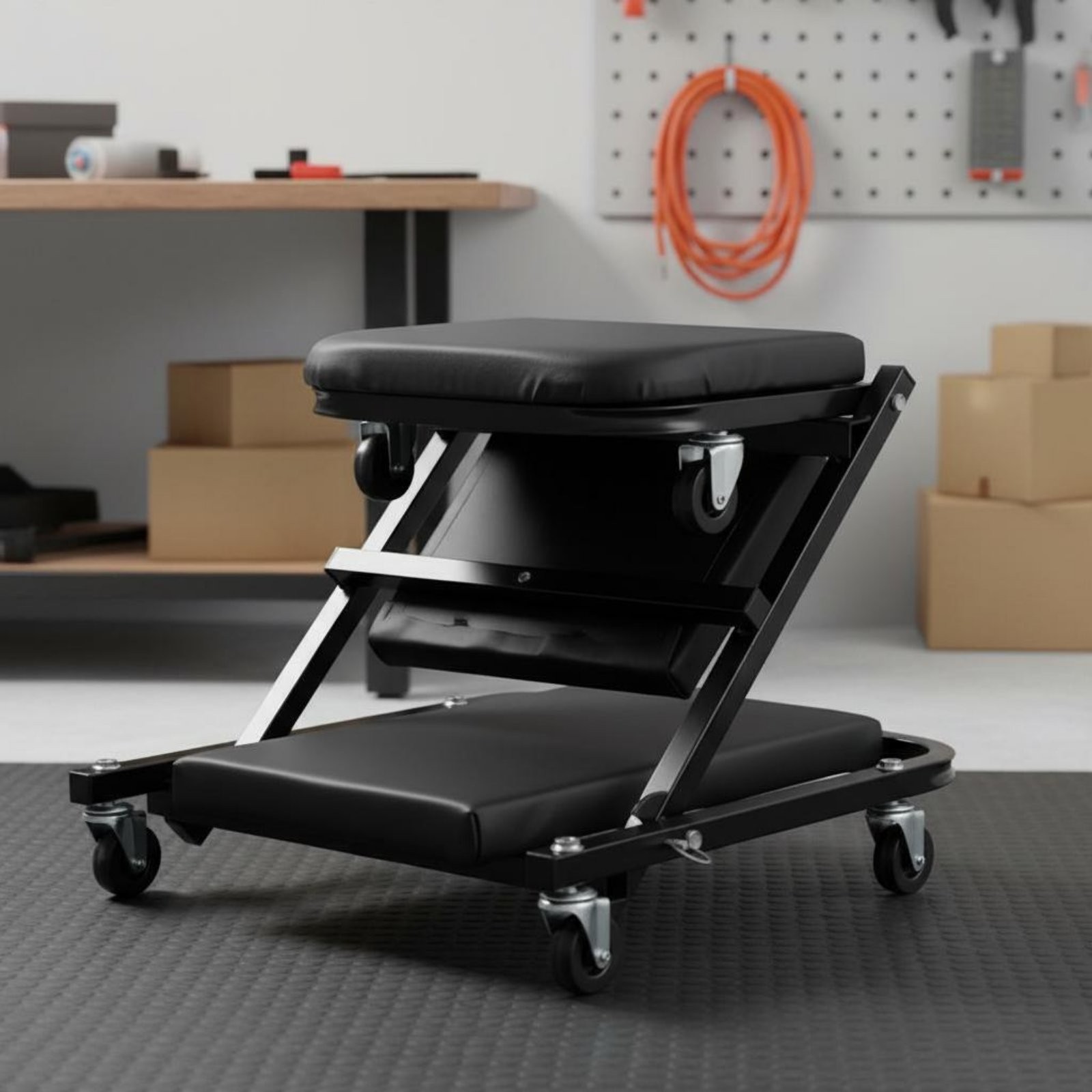 Folding Mechanic Stool Sturdy-Duty Steel Frame Creeper Seat Full Rotation