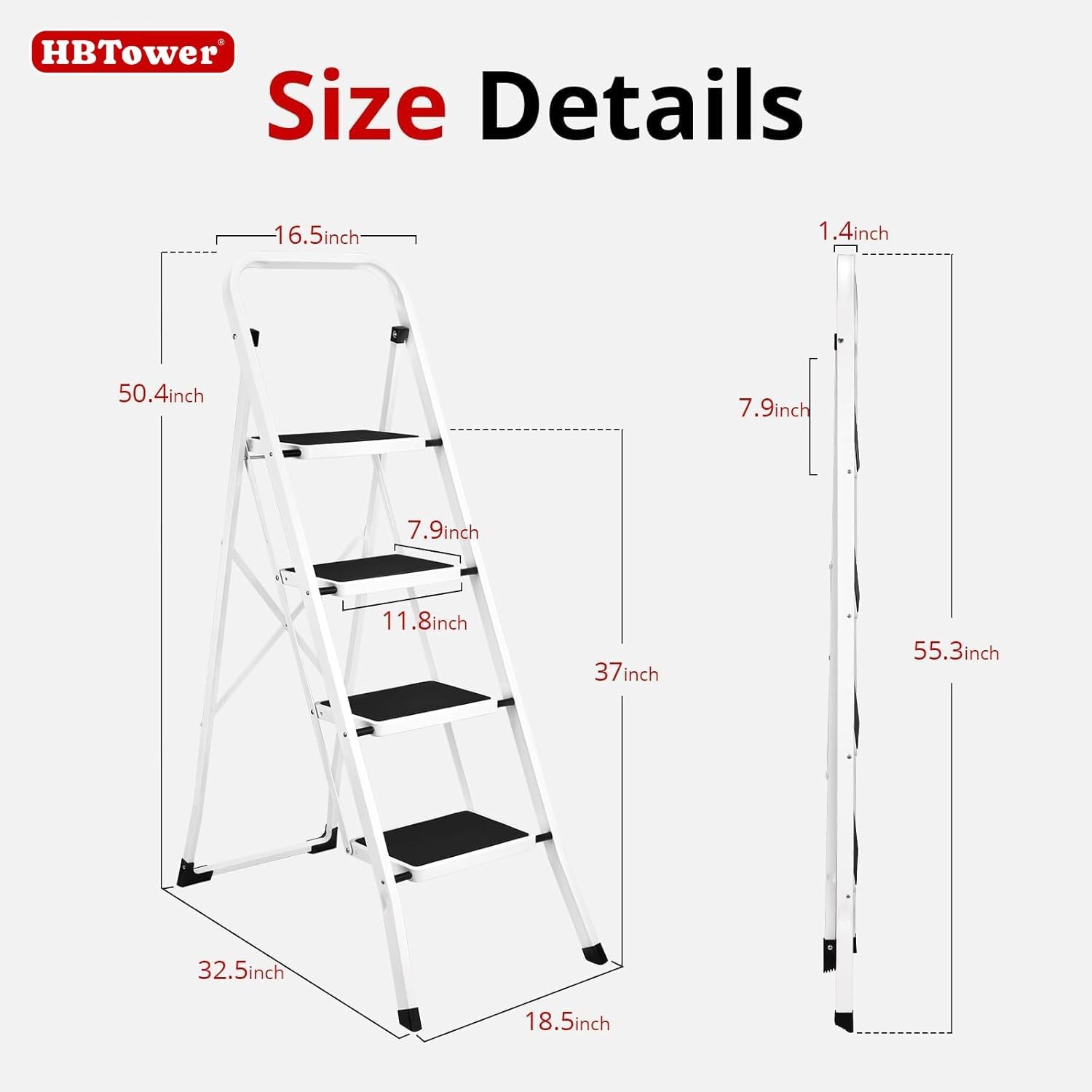 Folding 4-Step Ladder – Anti-Slip Sturdy Steel Step Stool 330 lbs Capacity White