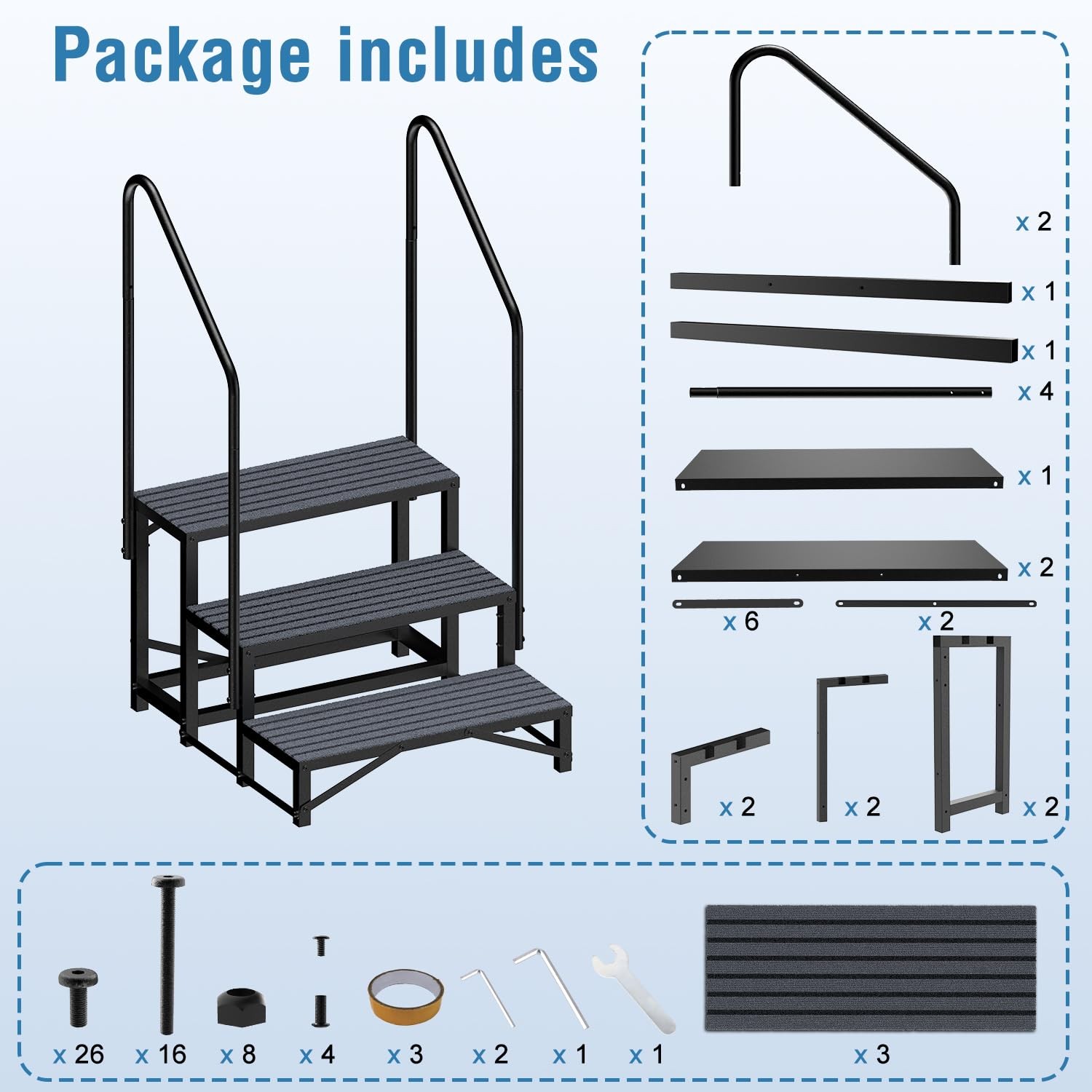 RV Steps with Handrail 3 Steps for Camper Trailer Mobile Home 660lbs Capacity
