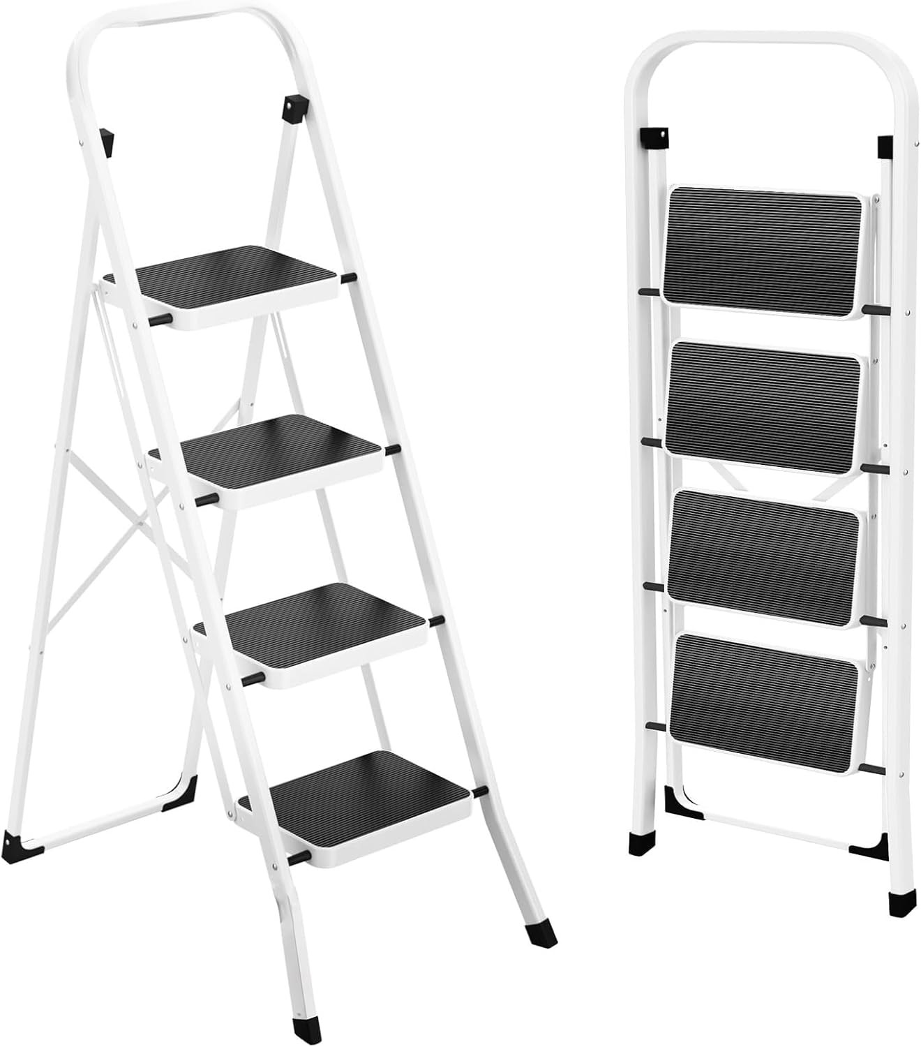 Folding 4-Step Ladder – Anti-Slip Sturdy Steel Step Stool 330 lbs Capacity White