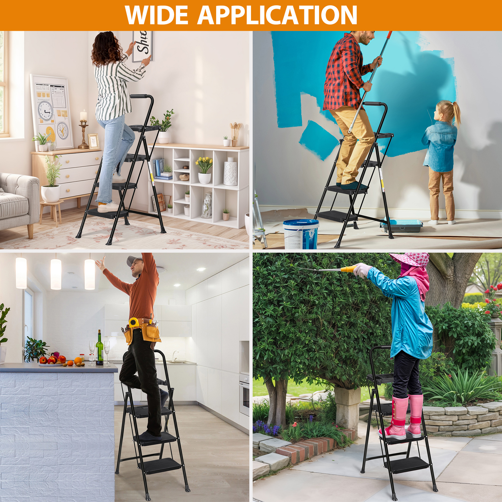 3-Step Ladder Folding Step Stool 330lbs Max Load Capacity Steel Non-Slip Black