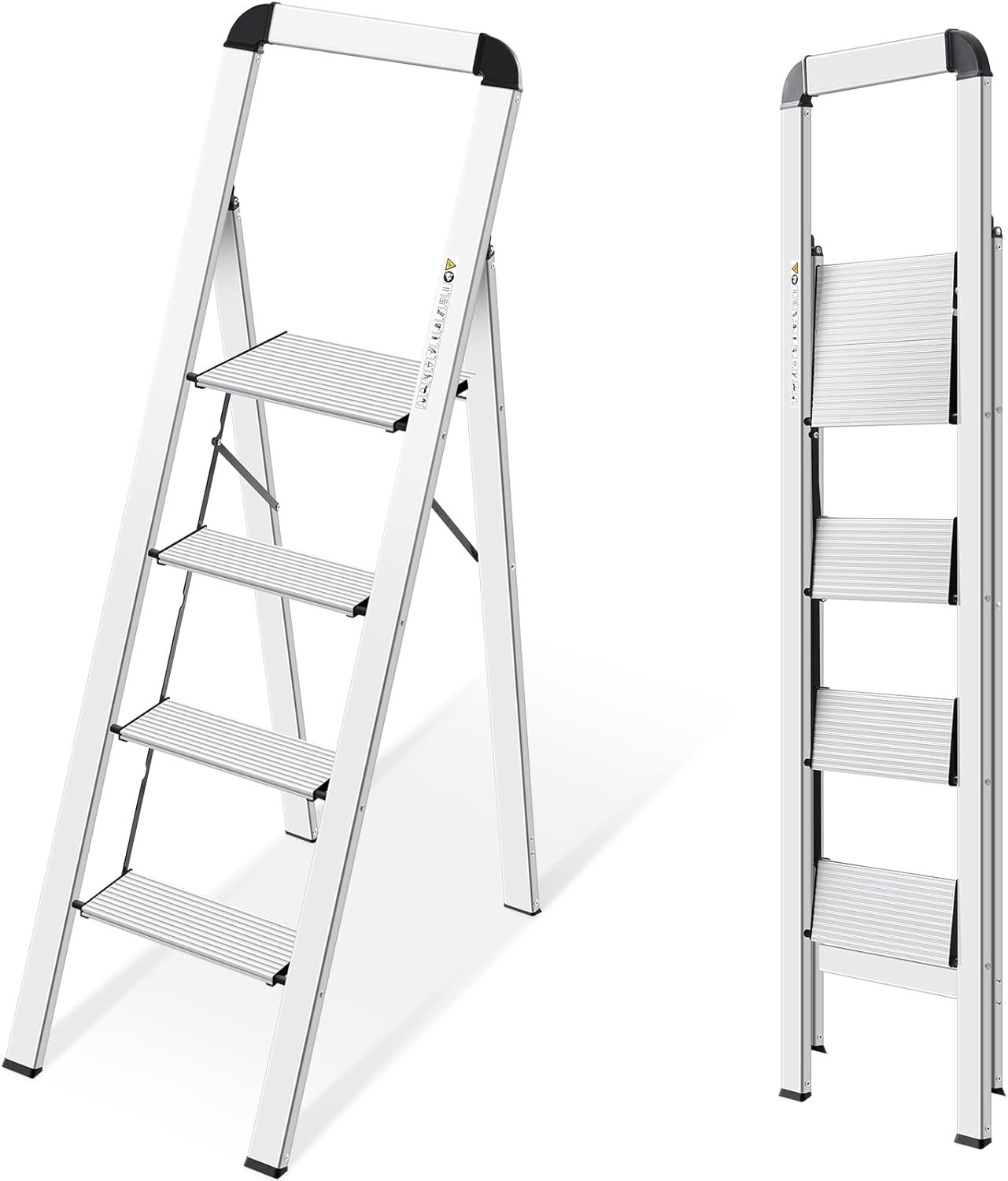 KINGRACK Aluminium 4 Step Ladder, Lightweight 4-step with Handrail, Silver