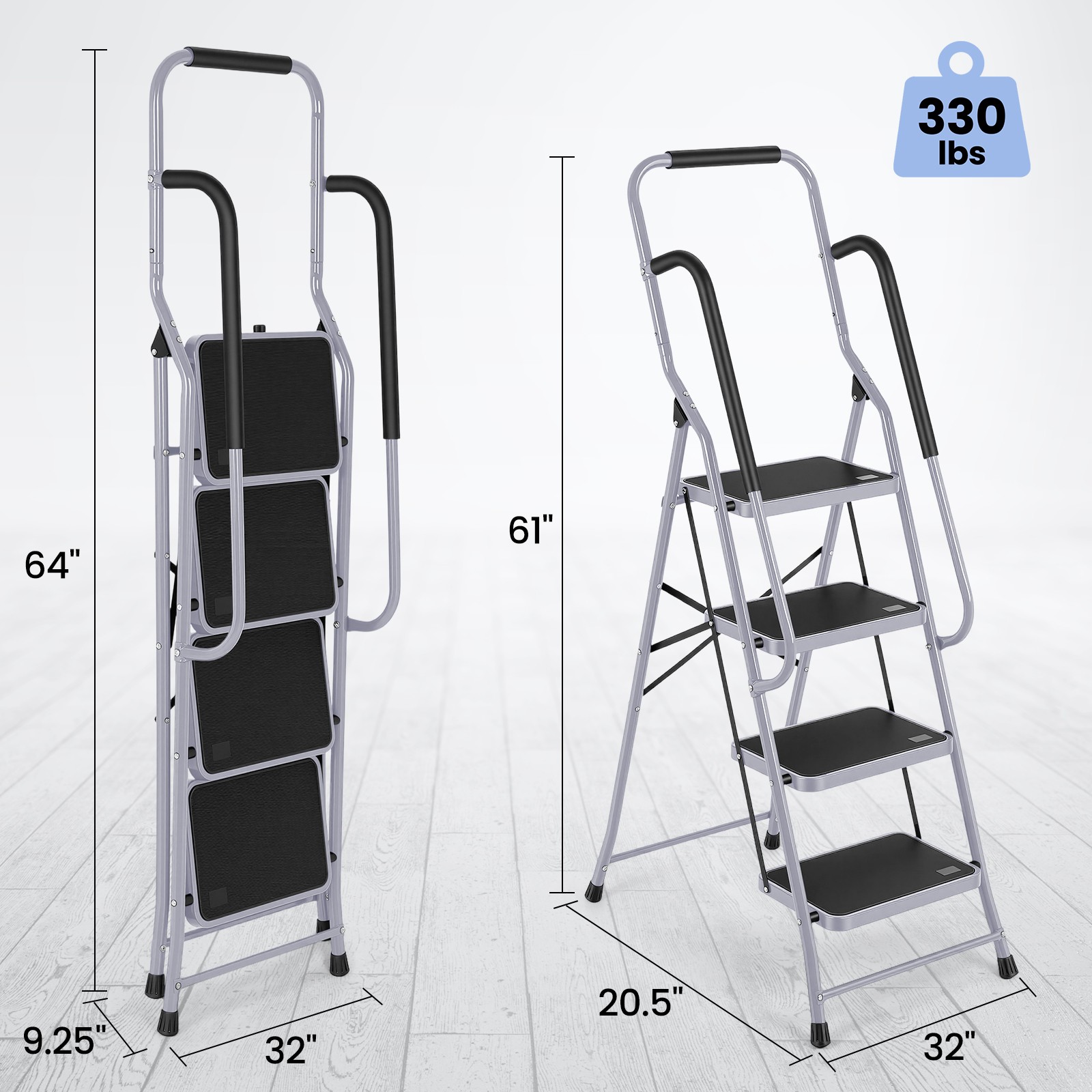 4 Step Ladder with Handrails, Portable Folding Step Stool with Safety Lock，Gray