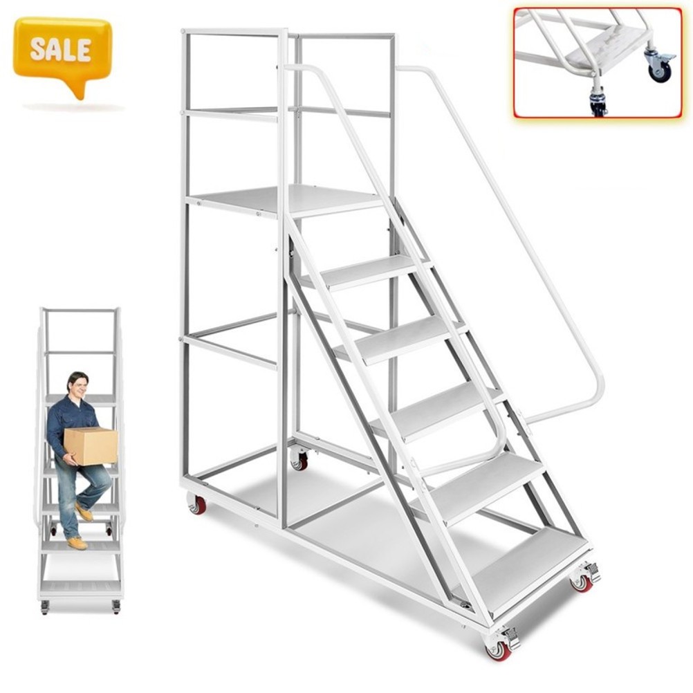 6 Step 1213lbs Steel Rolling Large Platform Step Ladder with Dual Handrails UAS