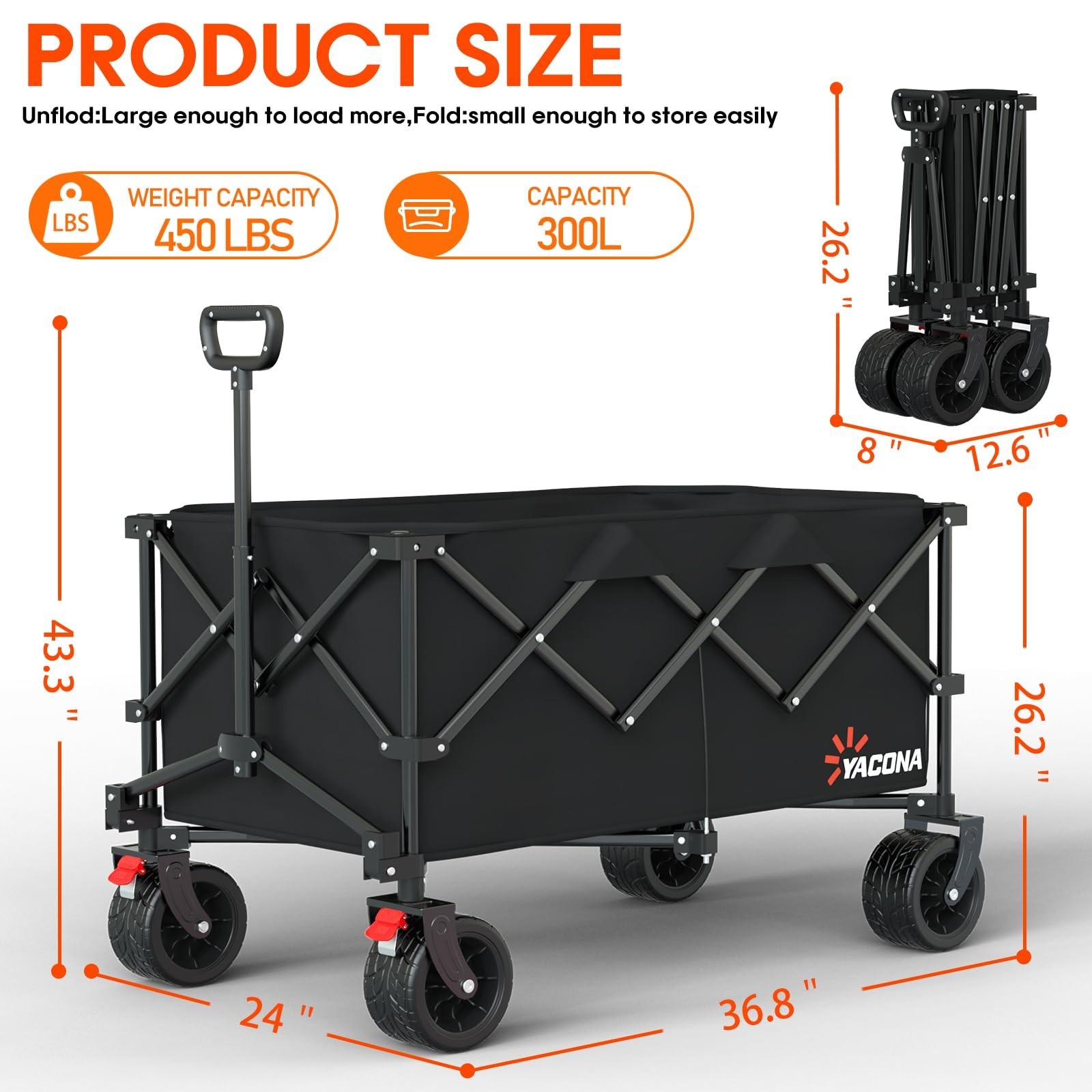Extra Large Collapsible Wagons Carts Foldable, 450lbs Heavy Duty Folding Beac…