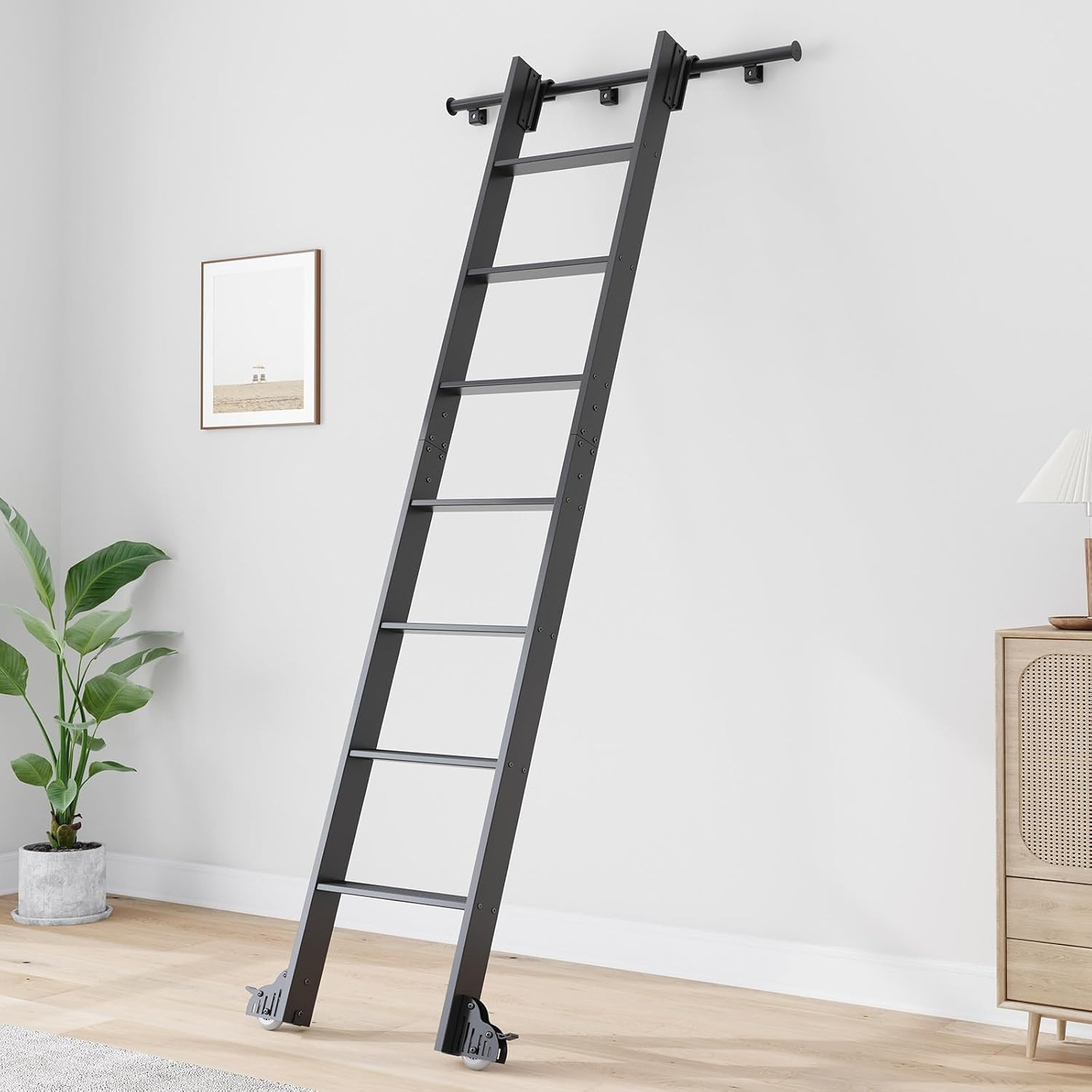 96″ Rolling Library Step Ladder with 12FT Track & 7 Steps for Home Use