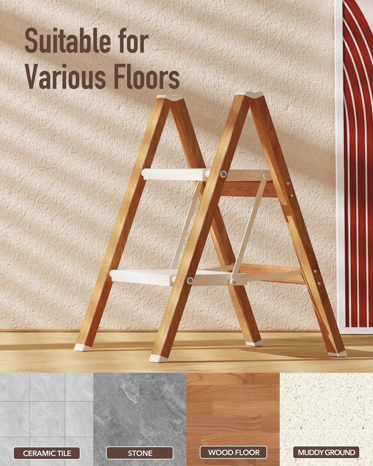 Mayi Plus 2-Step Aluminum Ladder,Lightweight Folding 2 Step, White&woodgrain