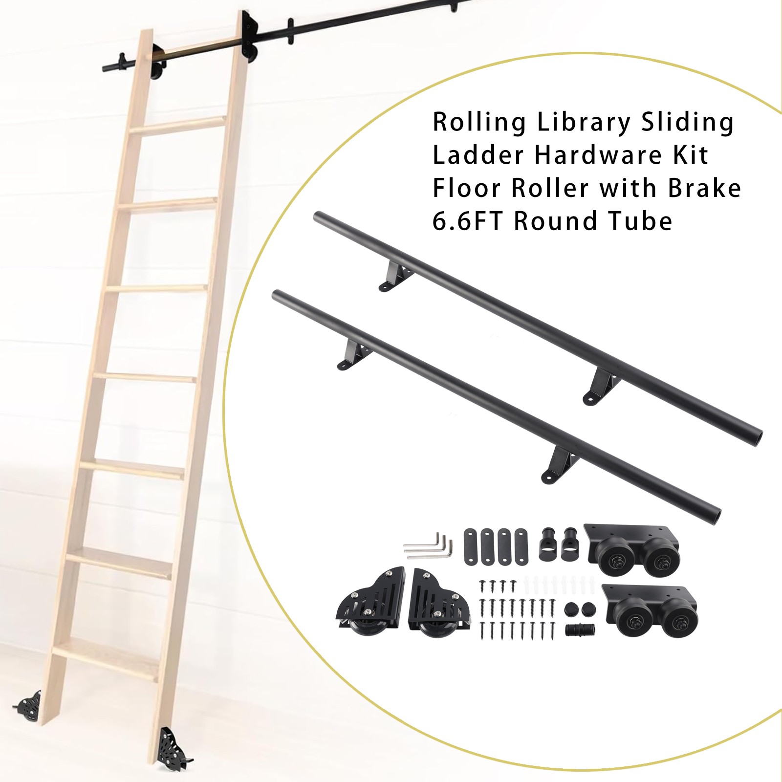 6.6FT Round Tube Rolling Library Sliding Ladder Hardware Kit with Brake #