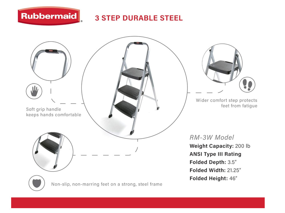 Rubbermaid RM-3W 3-Step Stool Ladder, Silver Step Steel Plastic