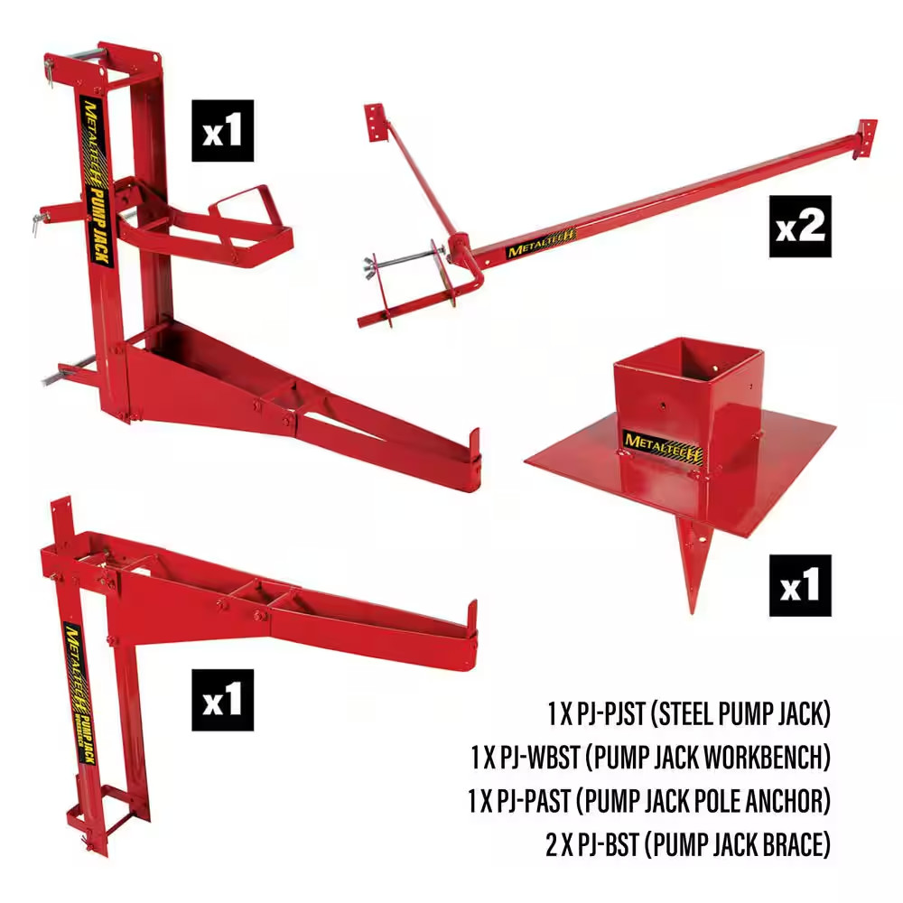 30 Ft. Steel Pump Jack Scaffolding System Single-Pole Kit with Workbench, Brace,
