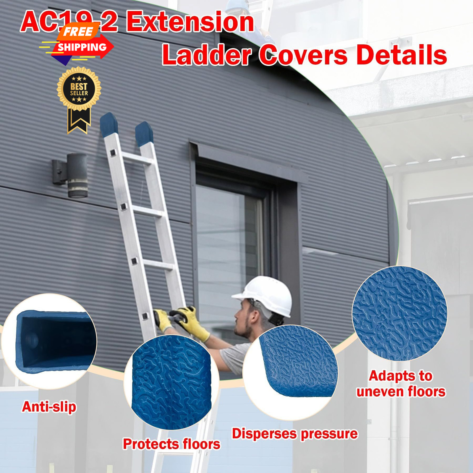 AC19-2 Extension Ladder Covers Rubber End Caps Mitts Bumpers Pads Boots 4 Pack