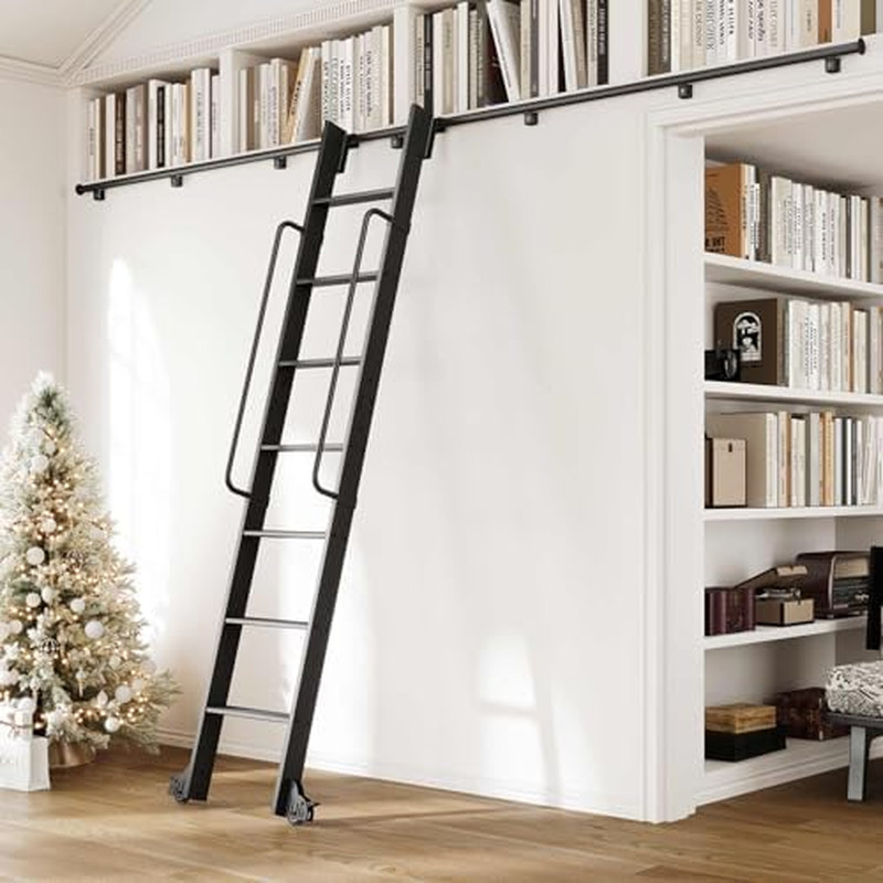 8FT Aluminum Library Ladder with Sliding Hardware Kit & Handrail, 450Lbs Capacit