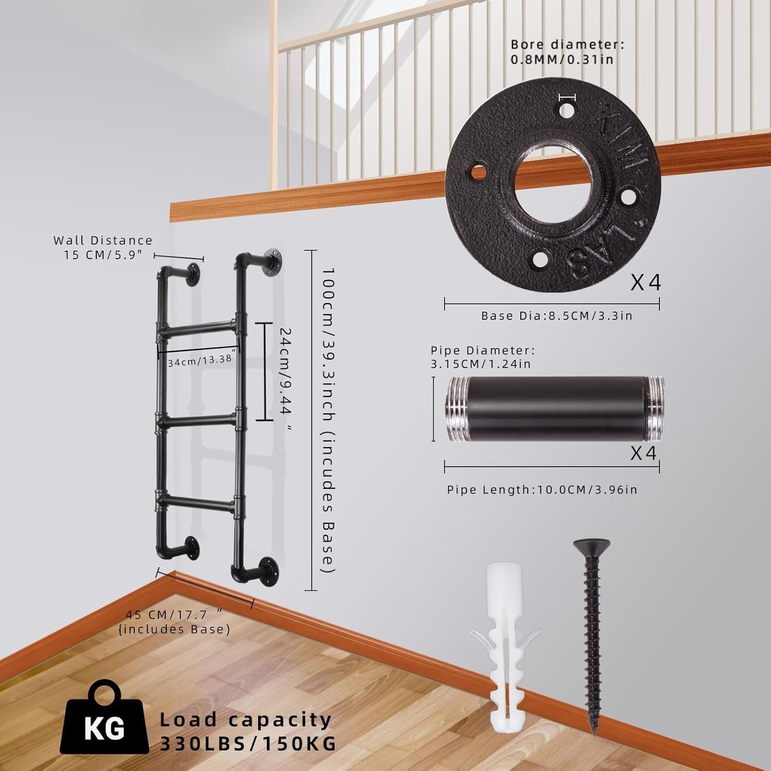 3-Rung Bunk Bed Ladder, 3.3×1.5FT Wall Mount Basement 3.3FT/100cm, Black