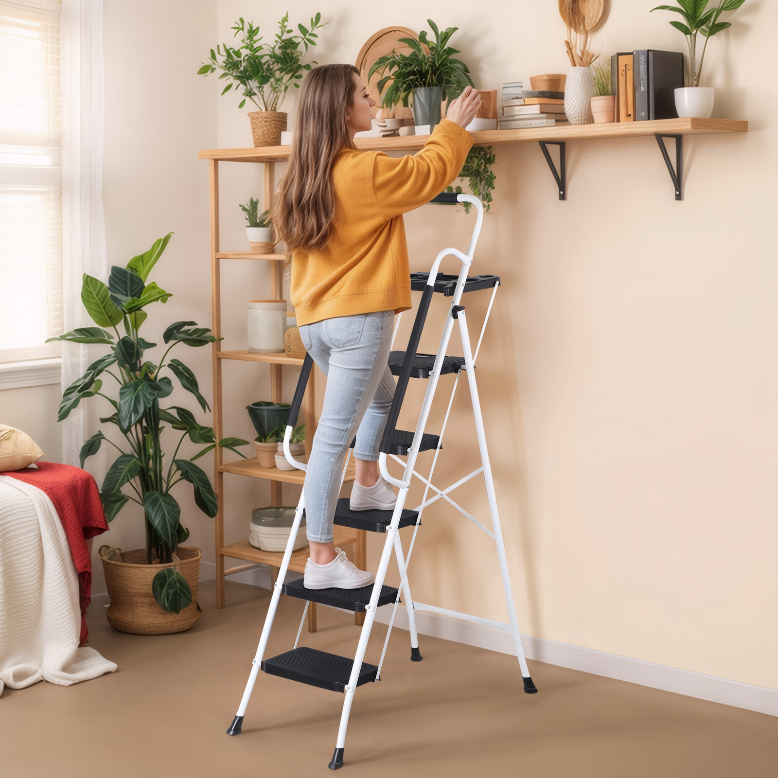 5 Step Ladder Steel Folding Step Stool w/Tool Tray & Handrails White Step Ladder