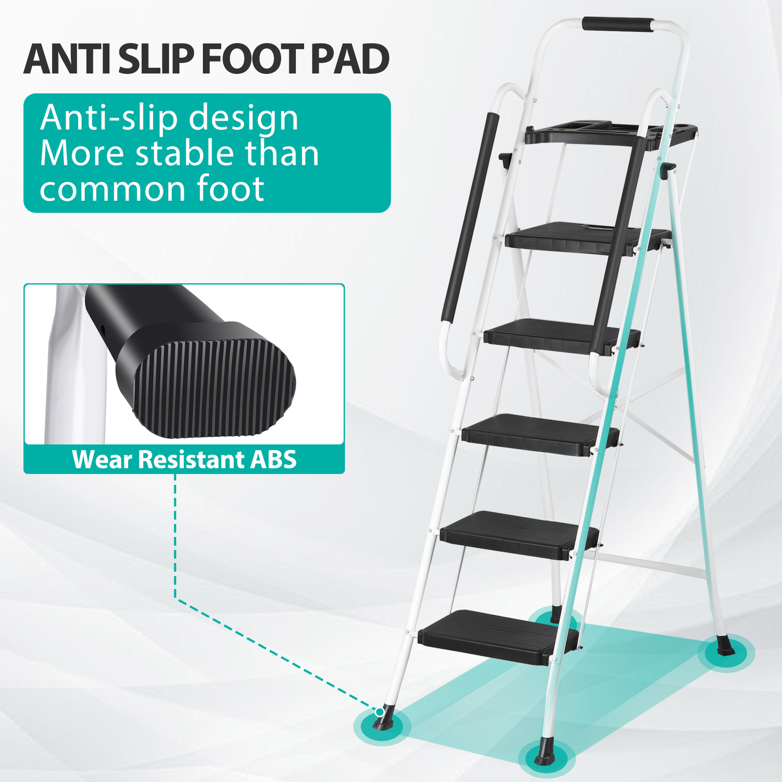 5 Step Ladder Steel Folding Step Stool w/Tool Tray & Handrails White Step Ladder