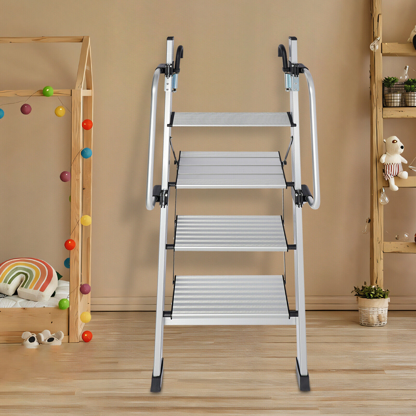 4-Step Floor Standing Bed Ladder Ladder w/ Adjustable Handrail 150kg/330.69lbs