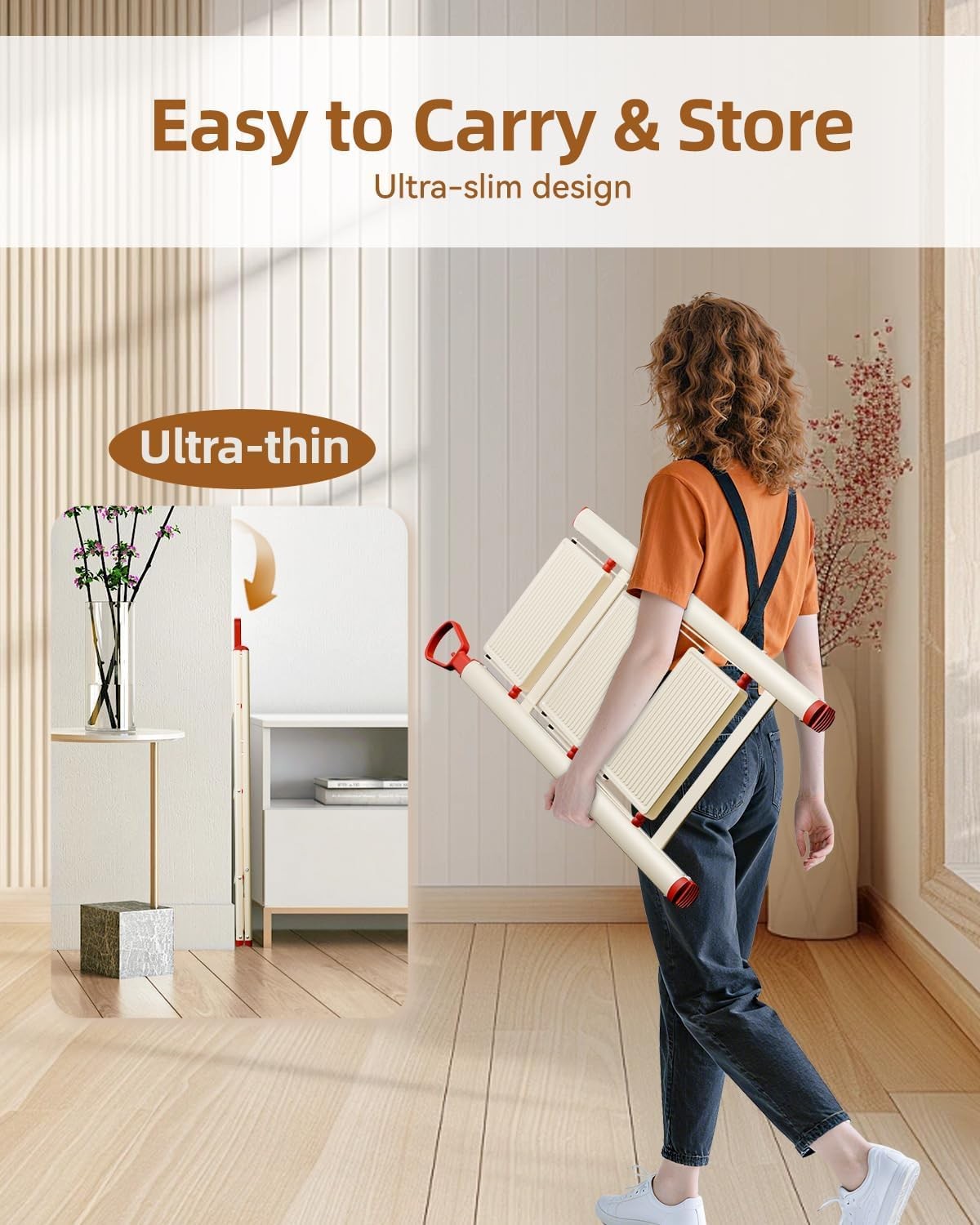 Beige 3 Step Ladder with Handrail Foldable Step Stool Anti-Slip