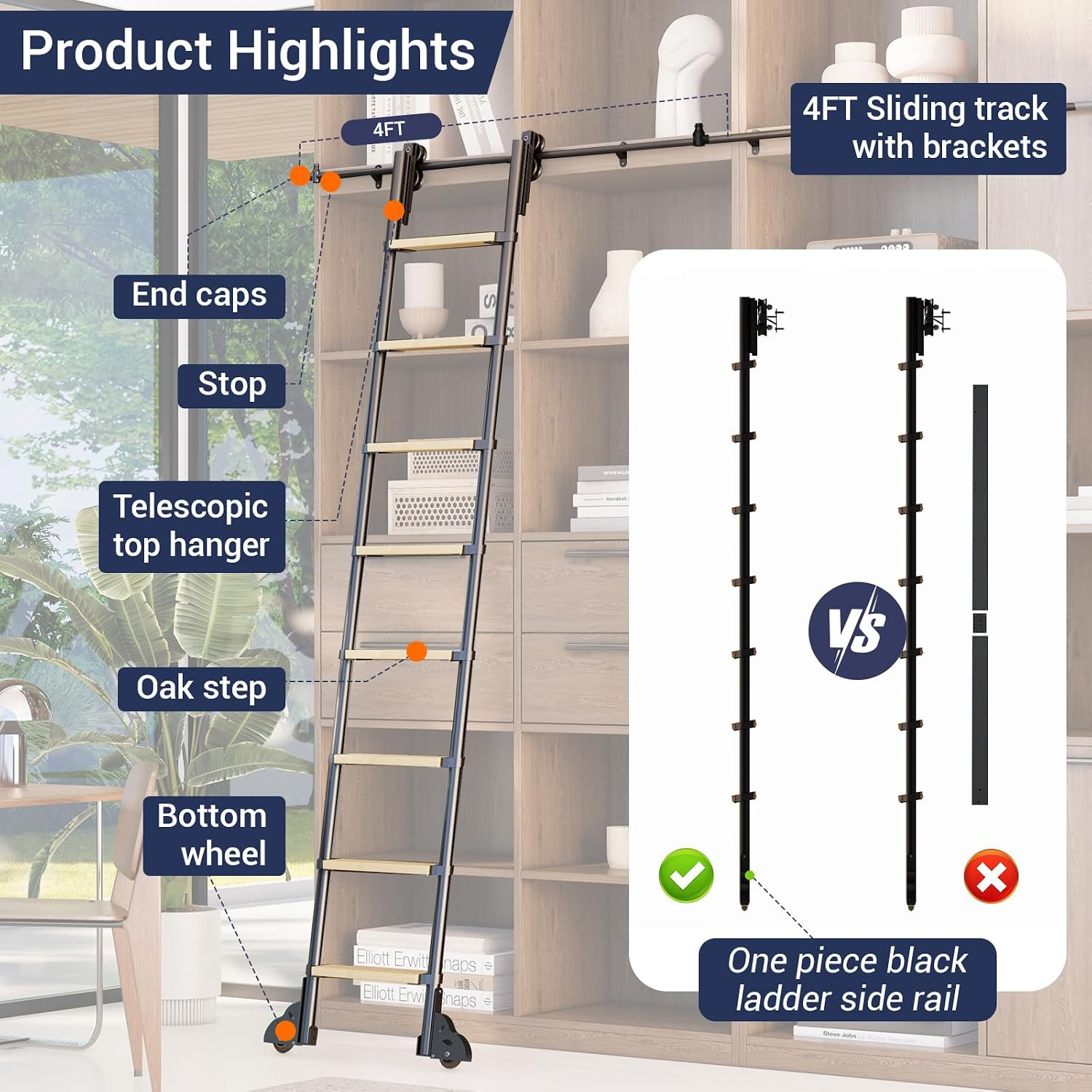 100″ Sliding Library Ladder with 8FT Track – Solid Oak & Aluminum Frame