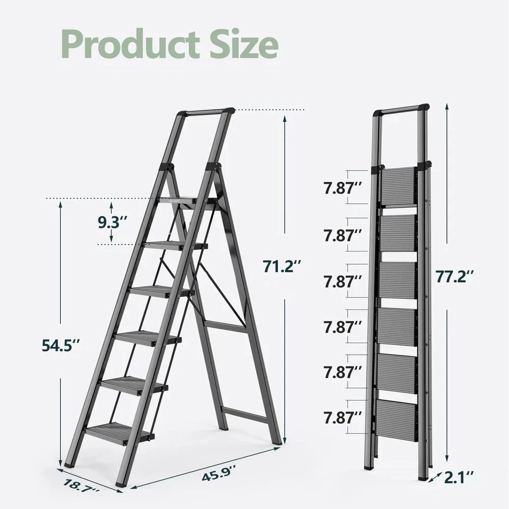 WOA 6 Step Ladder for 12 Feet High Ceiling, Lightweight 6 step, Black
