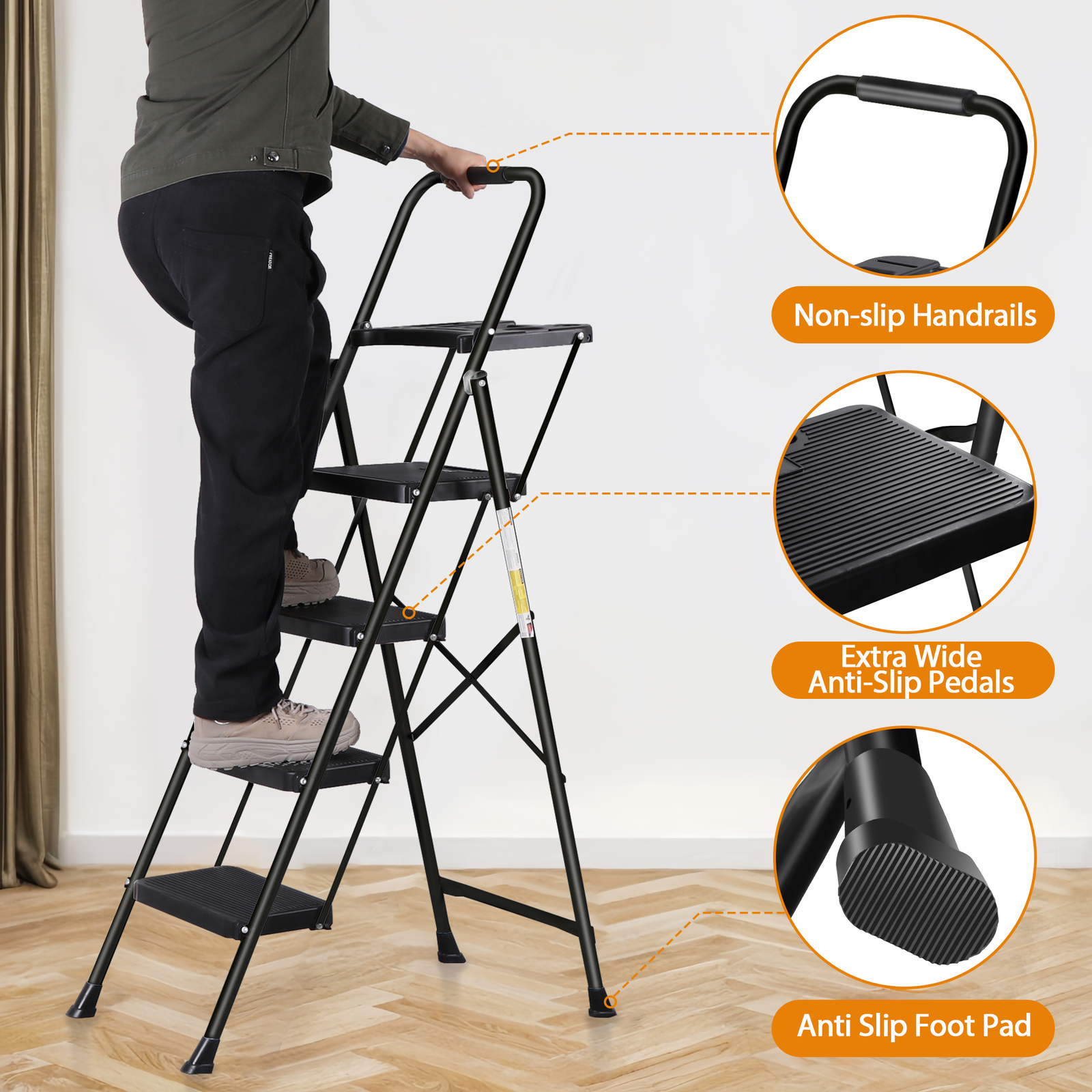 Folding Step Ladders for Kitchen/Closet Ladder 4 Step for Adults Non-Slip Black