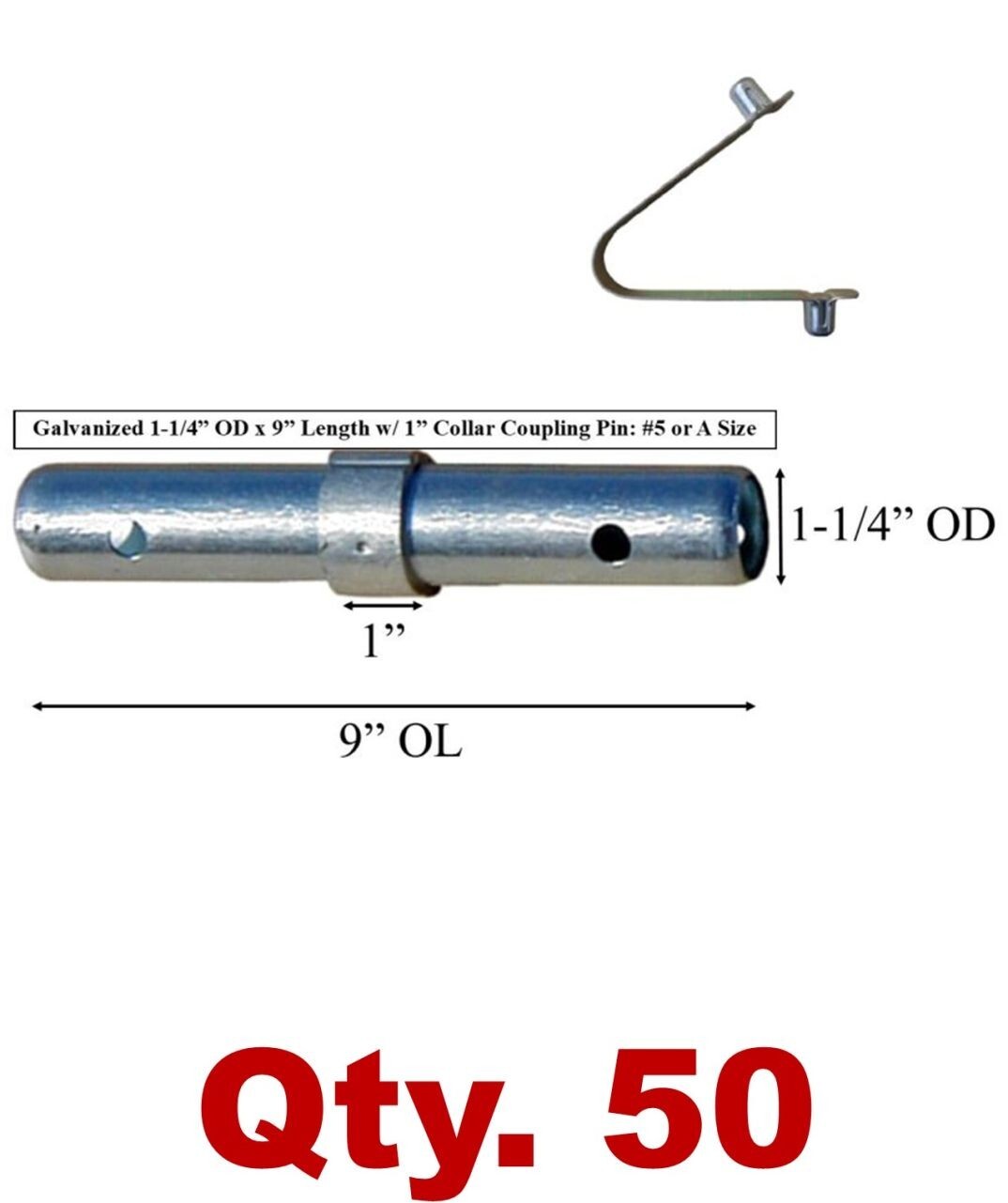 (50 Pack) Scaffolding Coupling Pin 1-1/4″OD x 9″L w/ 1″ Collar & Spring Rivet