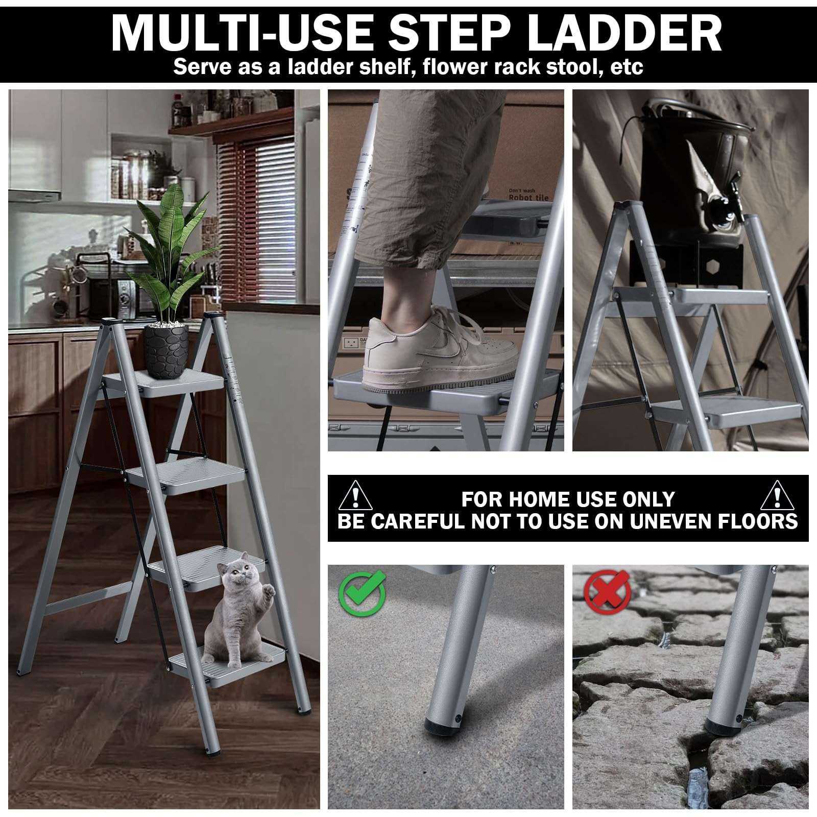 XinSunho 4 Step Ladder, Folding Stool with Anti-Slip Wide 4-Step, Gray