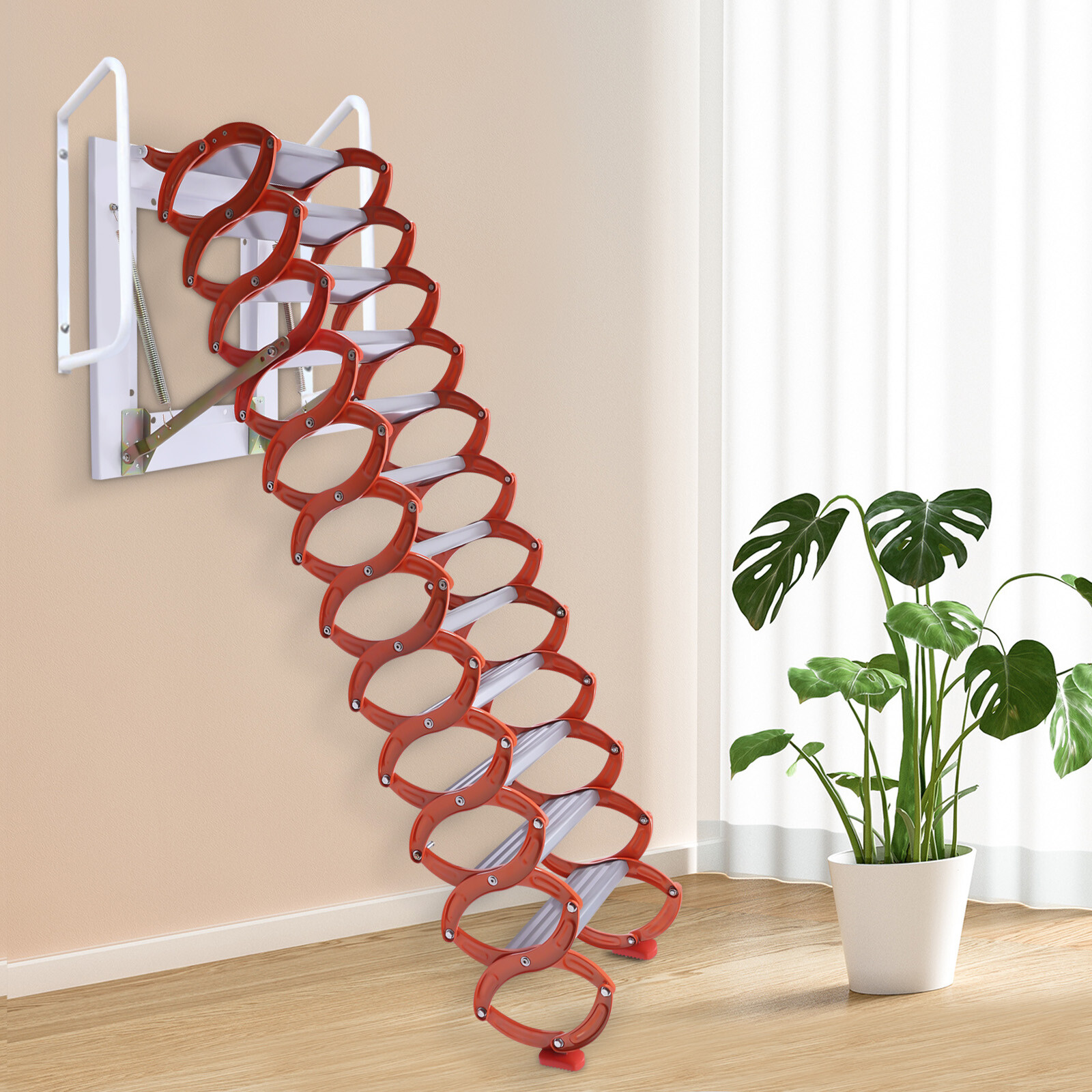 Folding Retractable Wall-Mounted Pull Down Stairs Attic Ladder 12-Steps Ladder