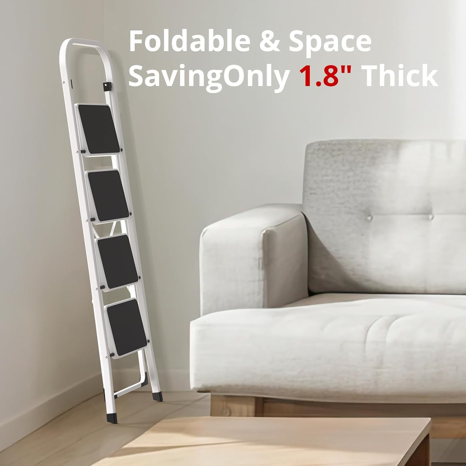 Folding 4-Step Ladder – Anti-Slip Sturdy Steel Step Stool 330 lbs Capacity White