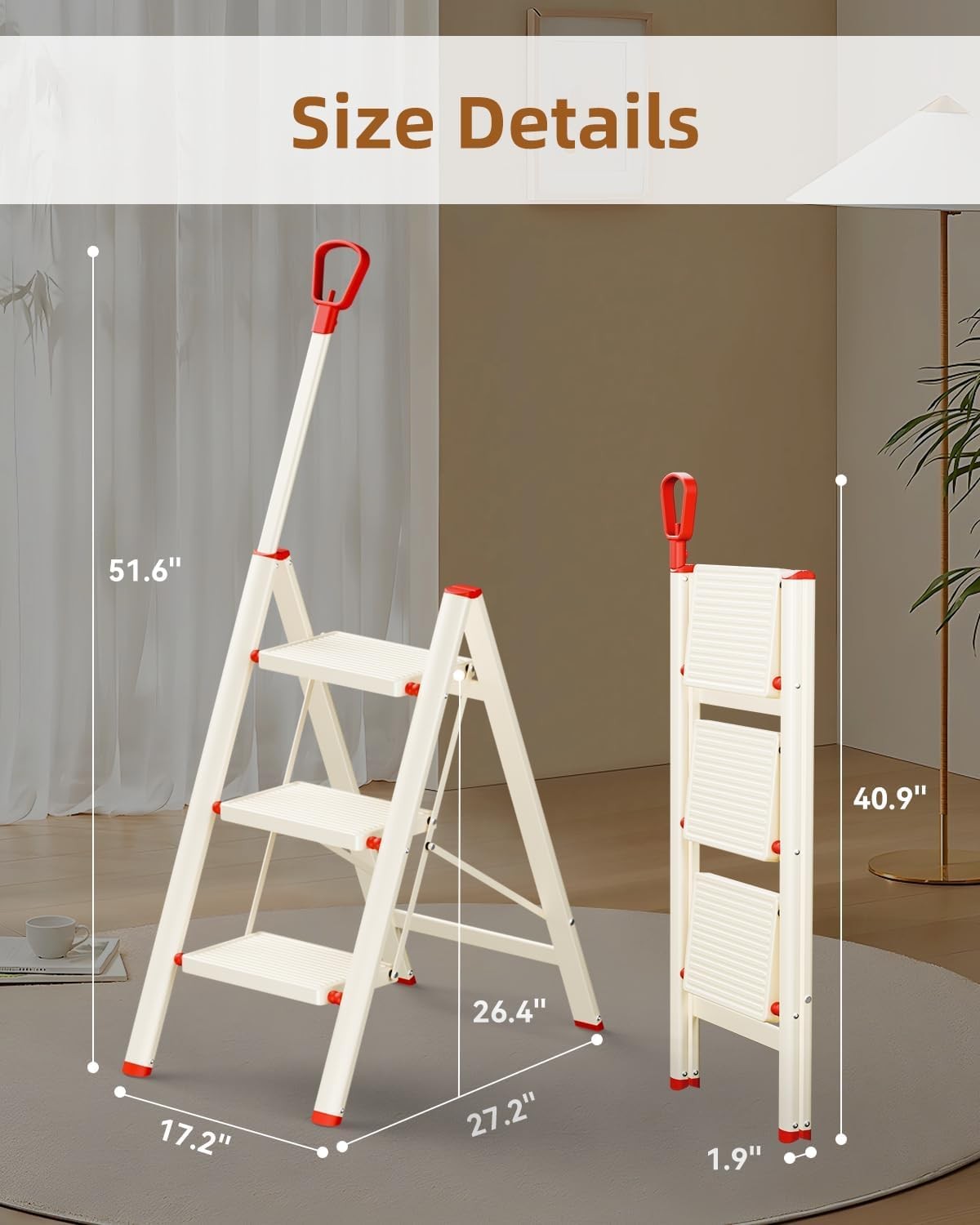 Beige 3 Step Ladder with Handrail Foldable Step Stool Anti-Slip