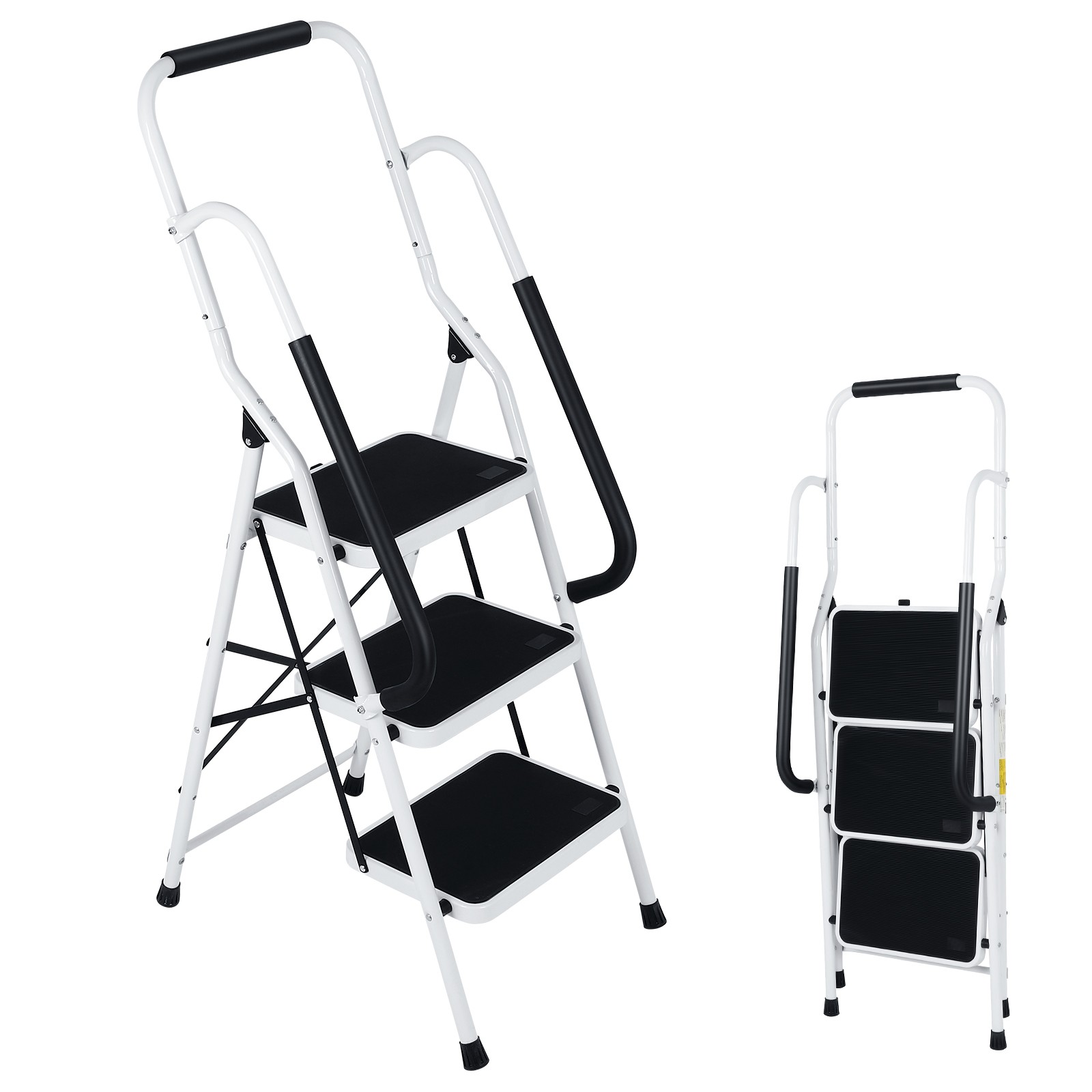3 Step Ladder with Handrails, Portable Folding Step Stool with Safety Lock