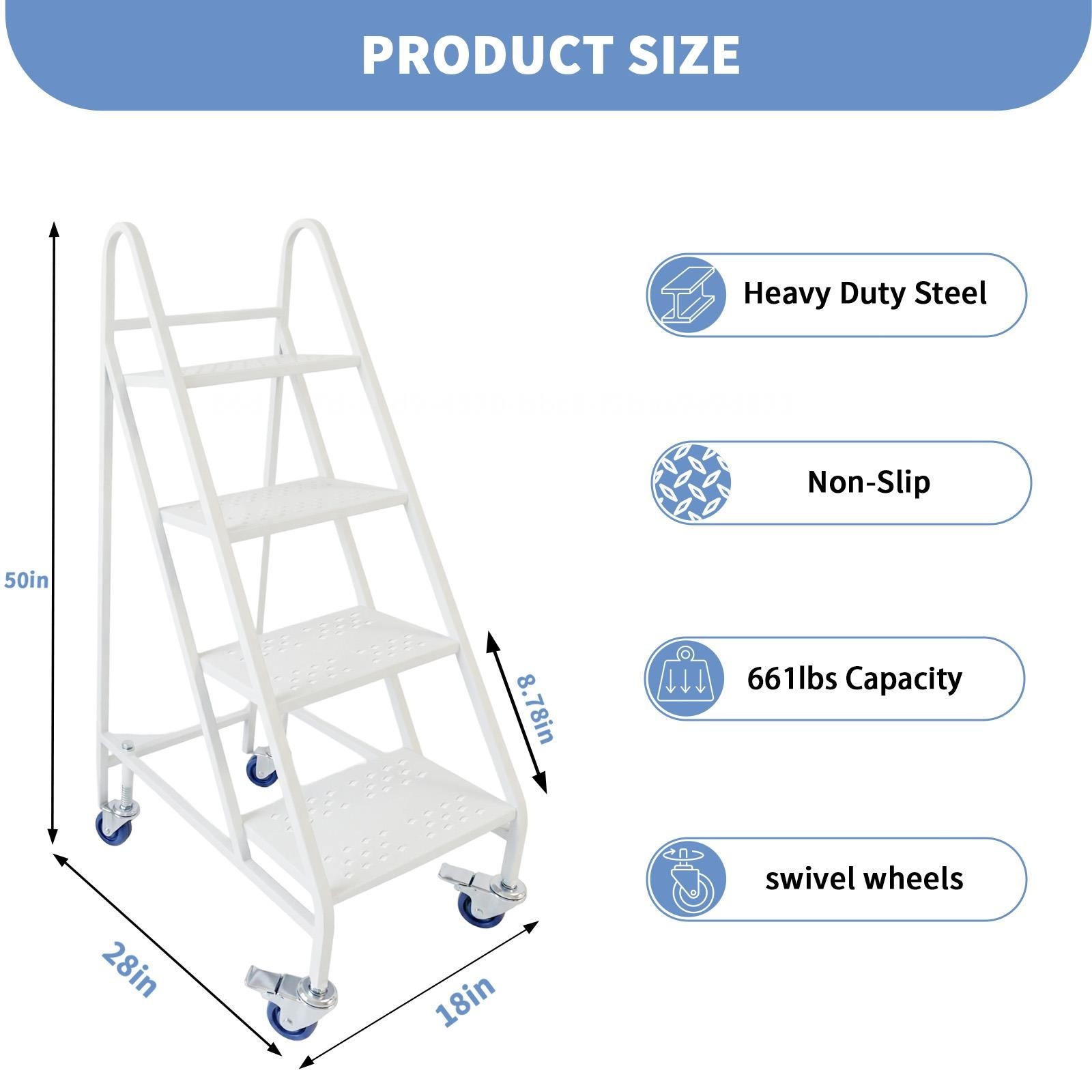 4 Step Rolling Ladder with 4 Lockable Wheels & Handrails for Warehouse Library