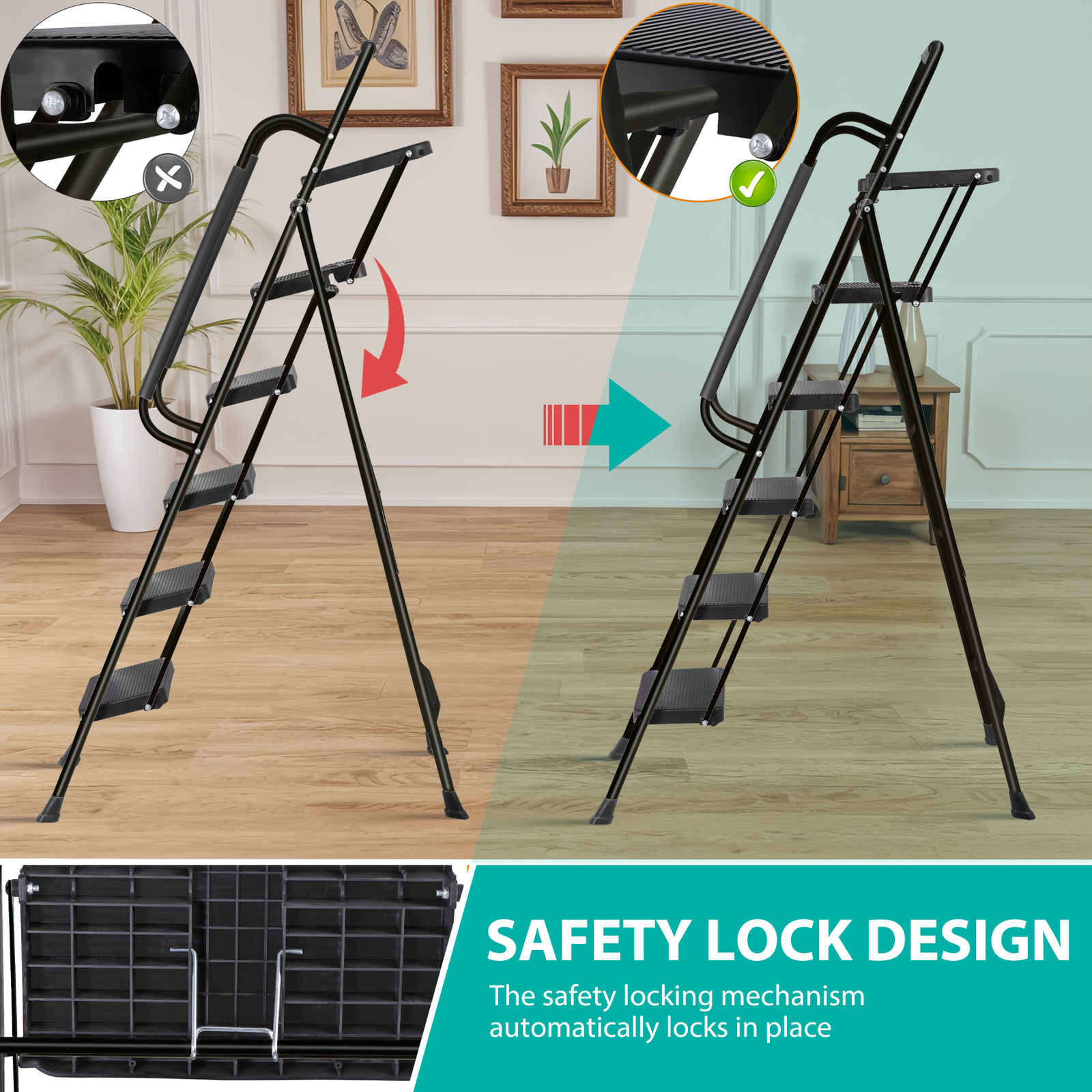 5-Step Ladder Portable Folding Anti-Slip Steel Ladder w/Handrail Tool Tray Black