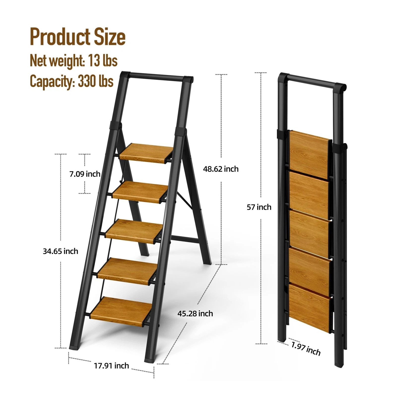 Black Woodgrain 5 Step Aluminum Ladder Foldable Handrail 330lbs Anti-Slip