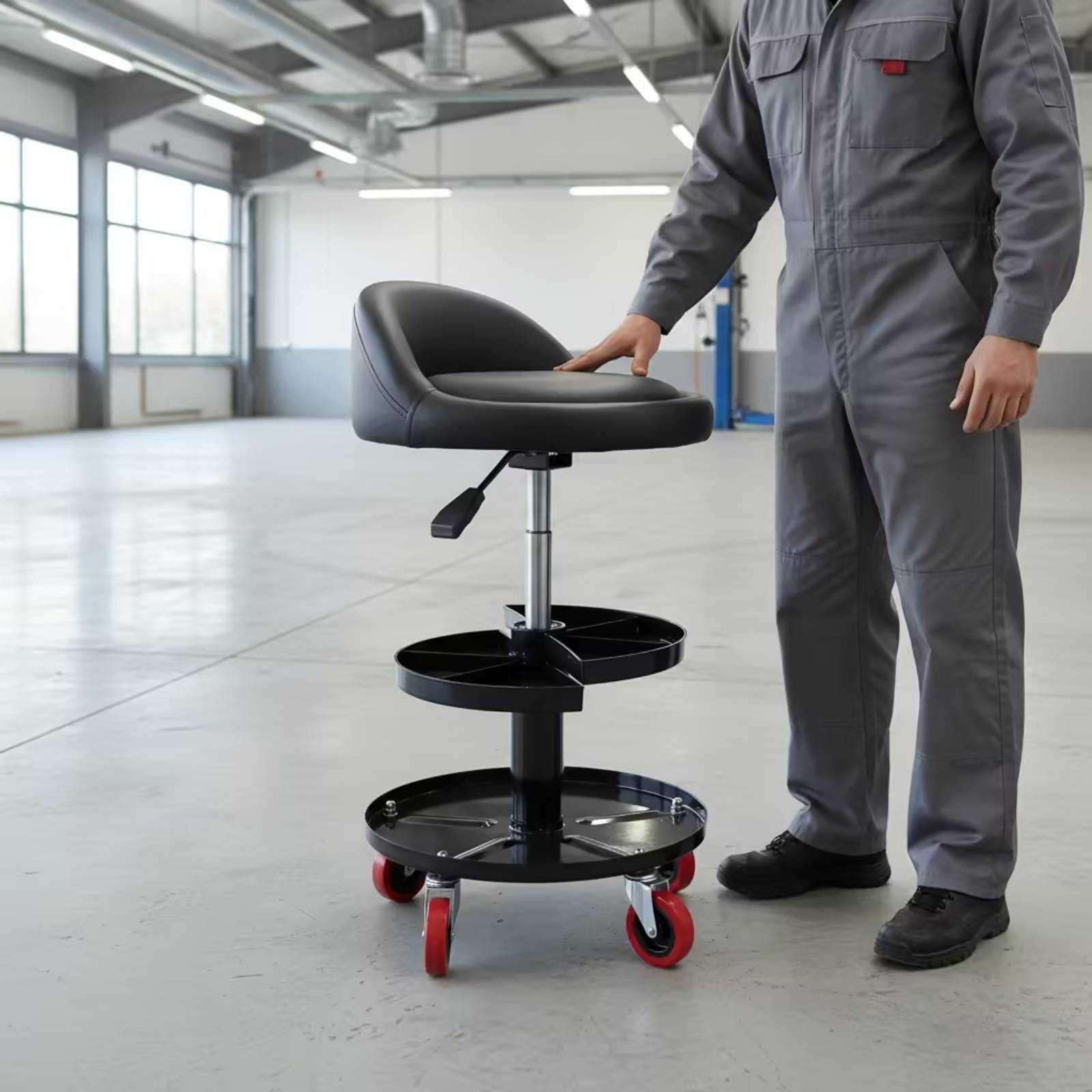 Garage Stool with Backrest Sturdy Creeper Seat with Tool Tray Easy to Clean