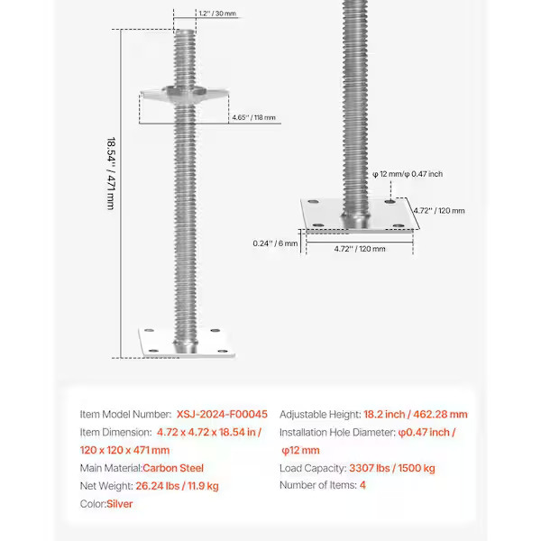 4-Pack Adjustable Leveling Jacks, 18.2 in. Adjustable Height & 3307 lbs./1500 kg