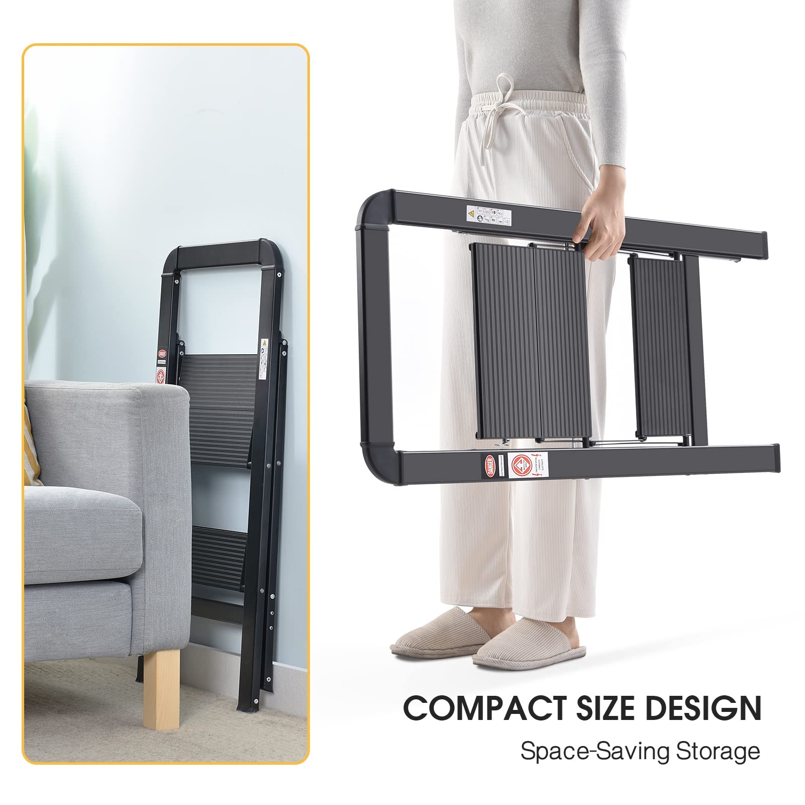 KINGRACK Step Ladder, 2 Steps, Folding 2-step with Handrail, Black