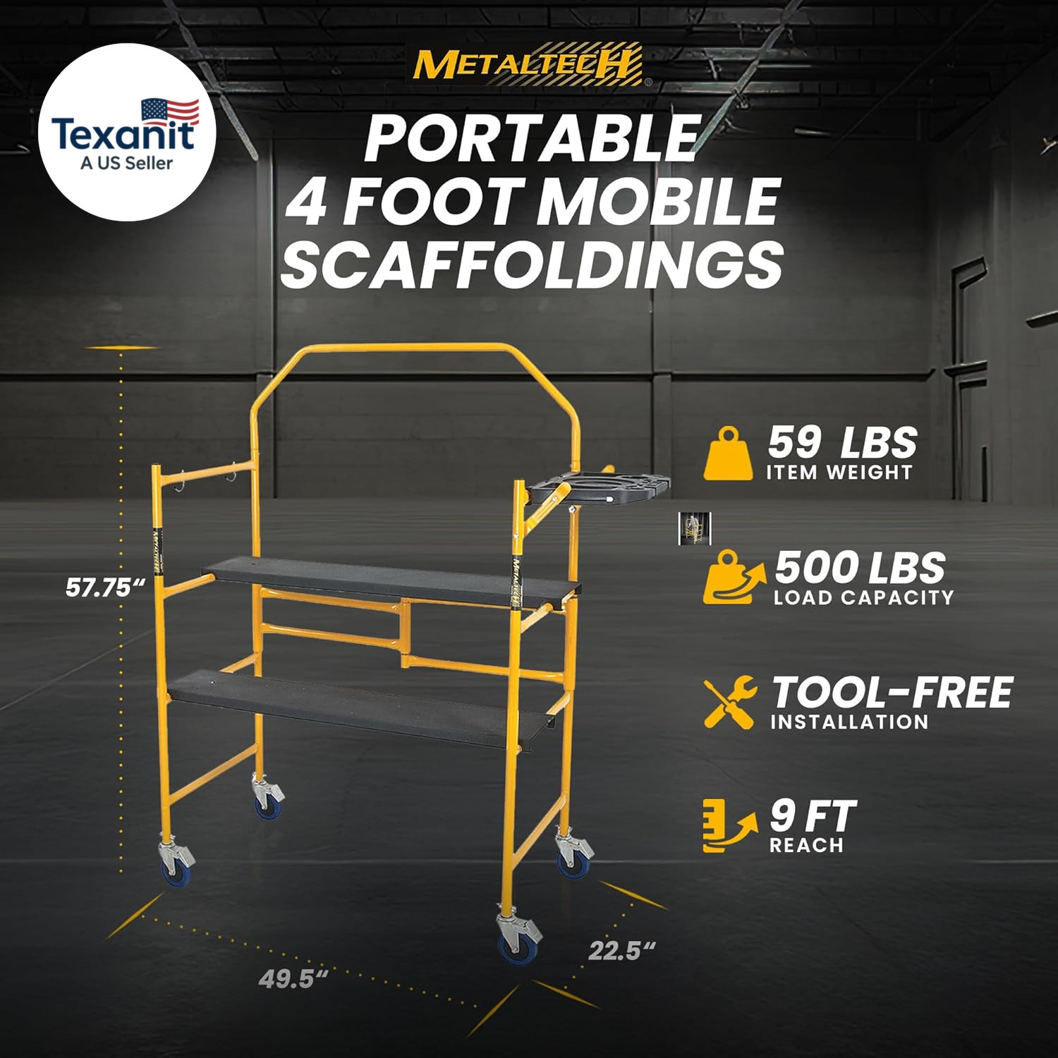 4 Ft Scaffolding Platform, Adjustable, Foldable and Rolling Scaffold Platform wi