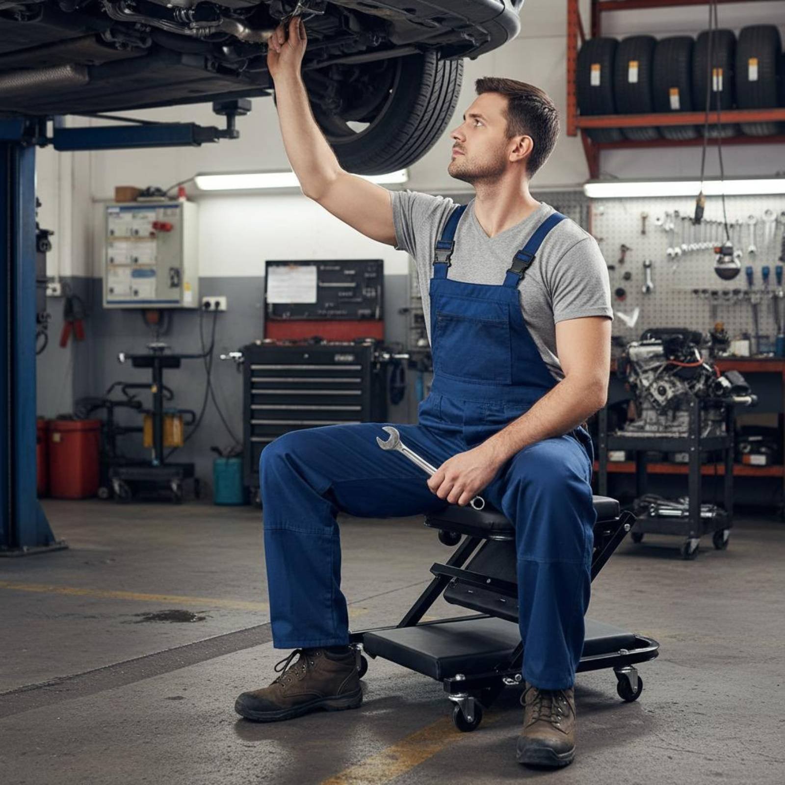 Folding Mechanic Stool Foldable Rolling Mechanic Stool Full Rotation Casters