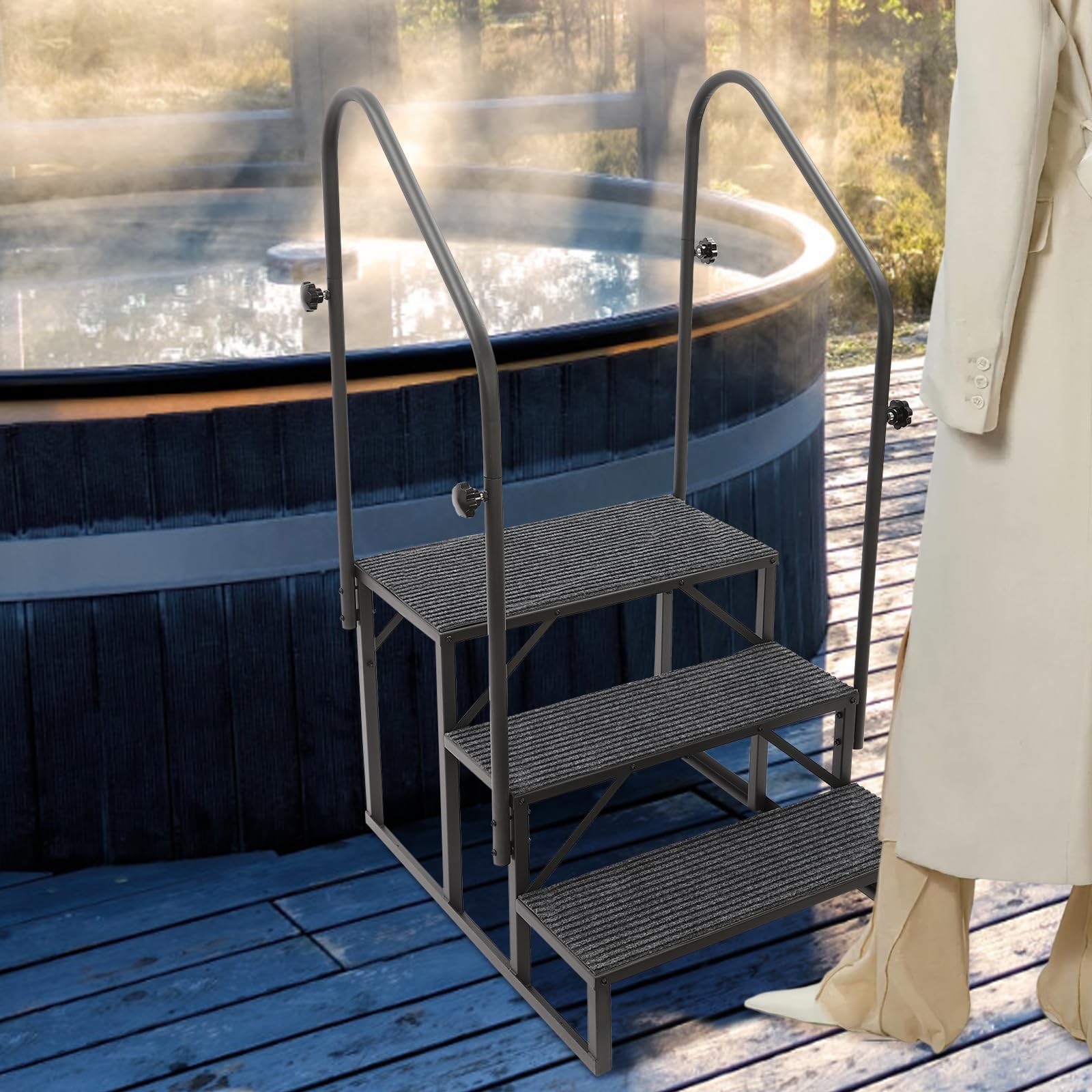 Heavy Duty 3 Step RV Steps with 2 Handrails Portable Hot Tub 450lbs Non-Slip Mat