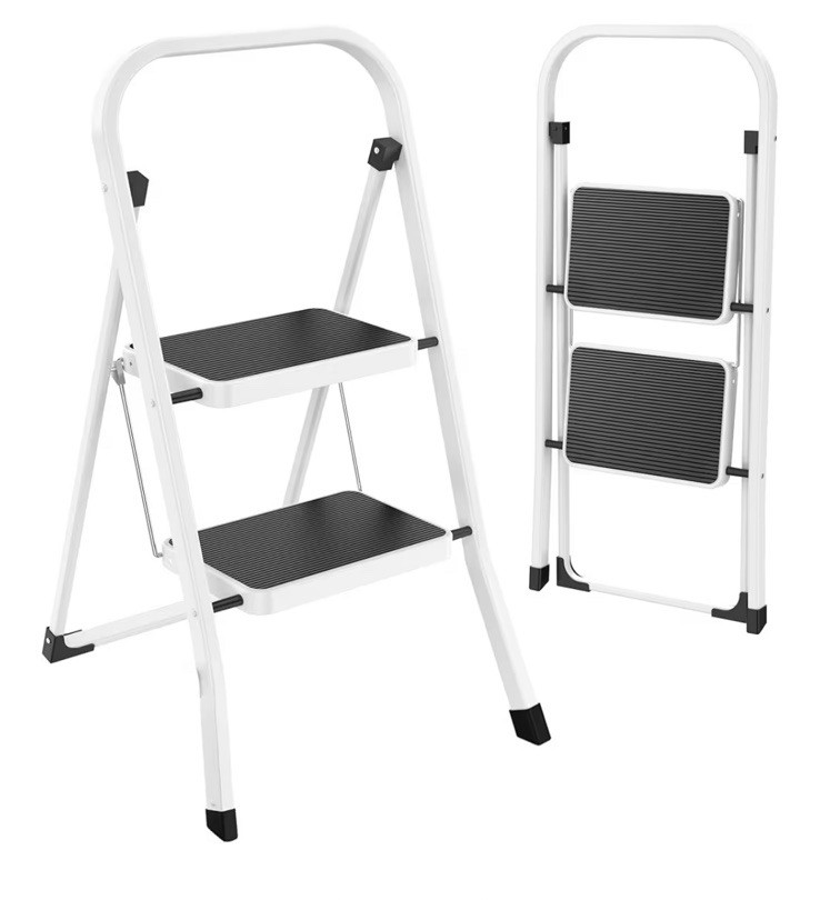 Folding 2-Step Step Ladder, White Frame, Black Steps, Portable, Compact Design