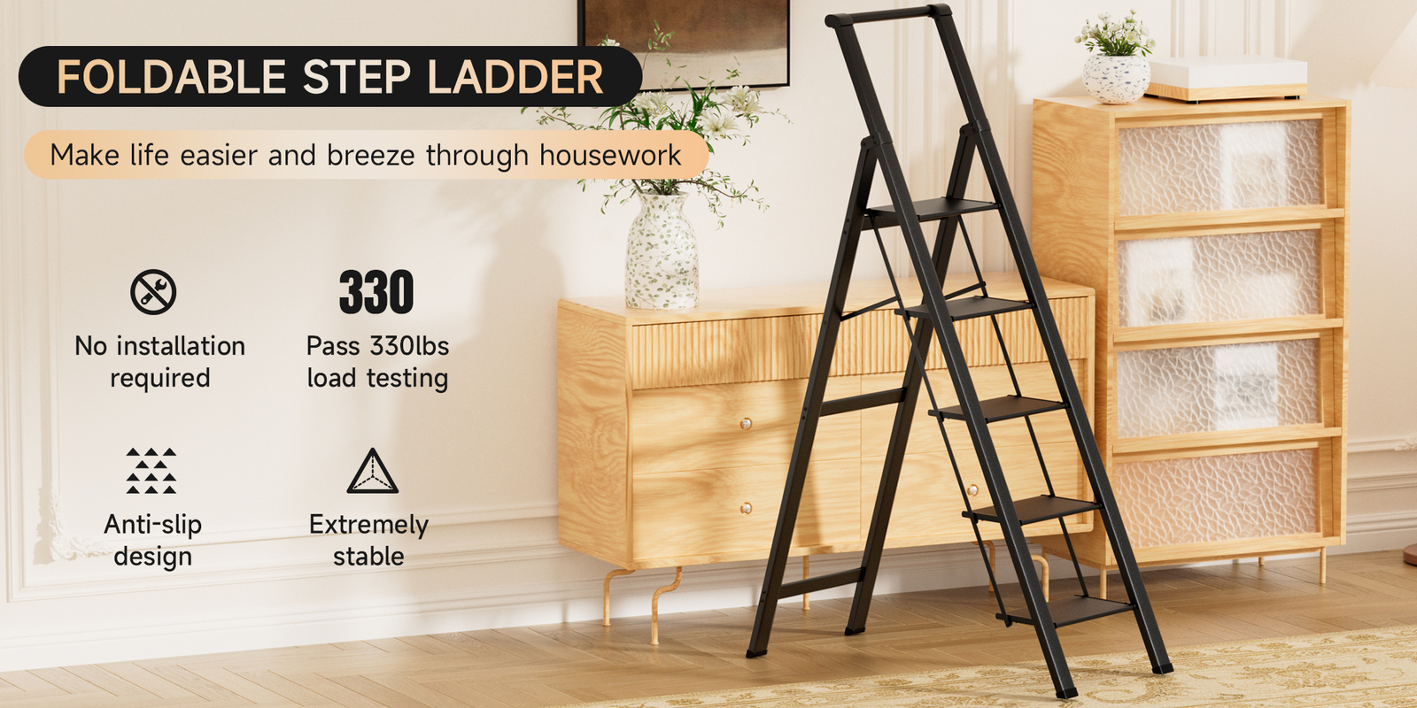 5 Step Ladder, Foldable Step Stool, Aluminum Step Ladder with Anti-Slip Pedal