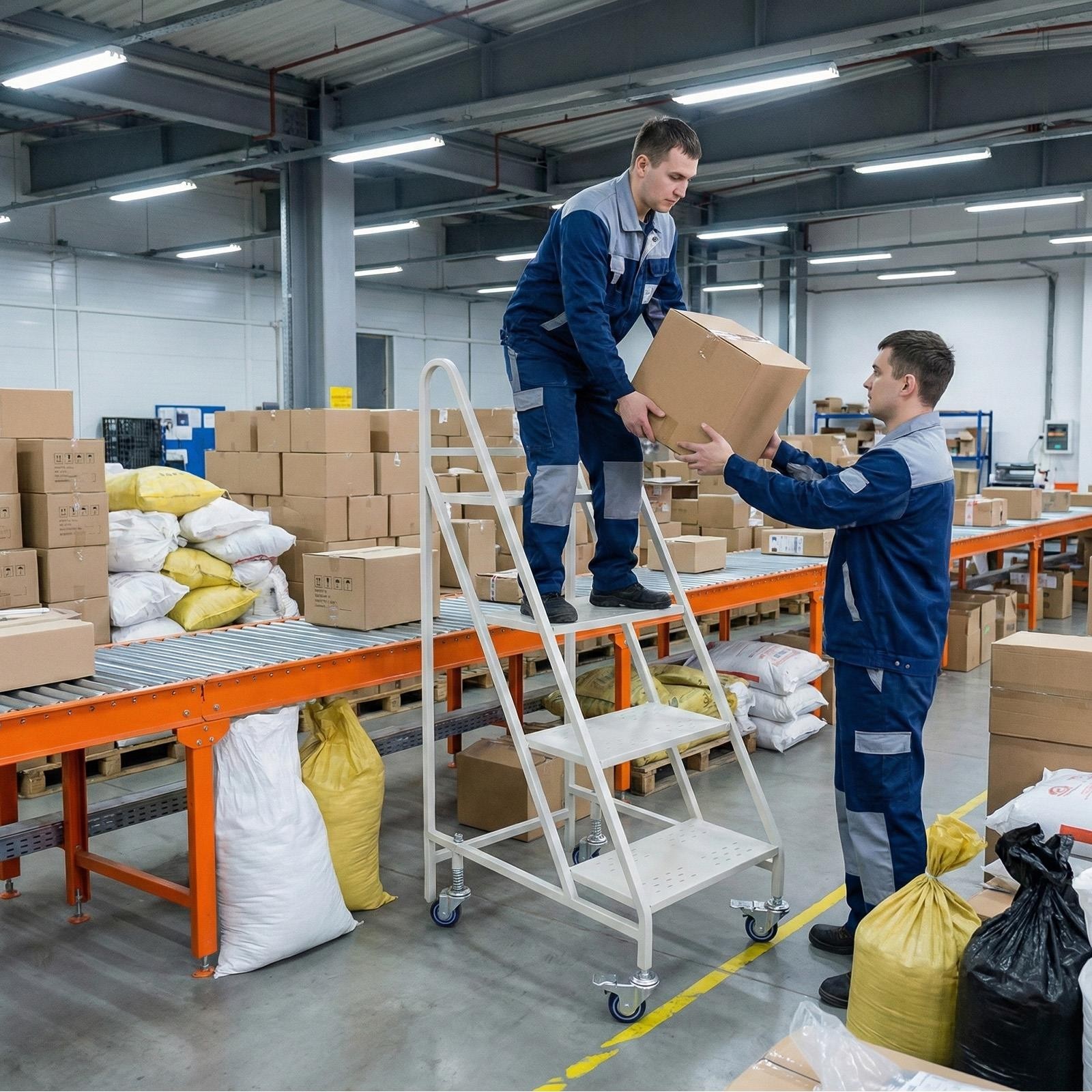4 Step Rolling Ladder with 4 Lockable Wheels & Handrails for Warehouse Library