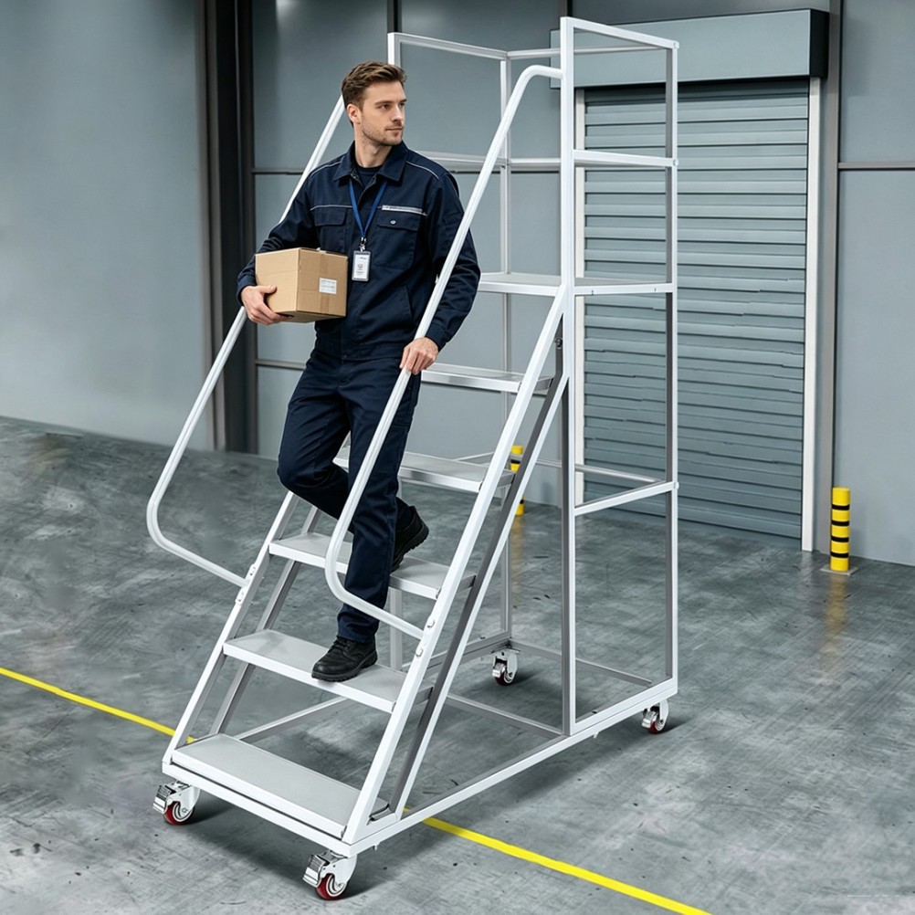 6 Step Heavy Duty Rolling Ladder with Handrail 1213LBS Mobile Rolling Stairs US