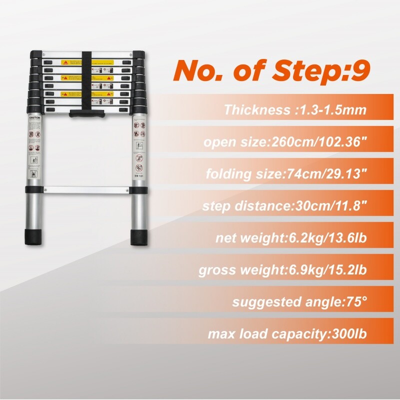 8.5FT Telescoping Ladder Aluminum Folding Telescopic Extension Ladder Portable
