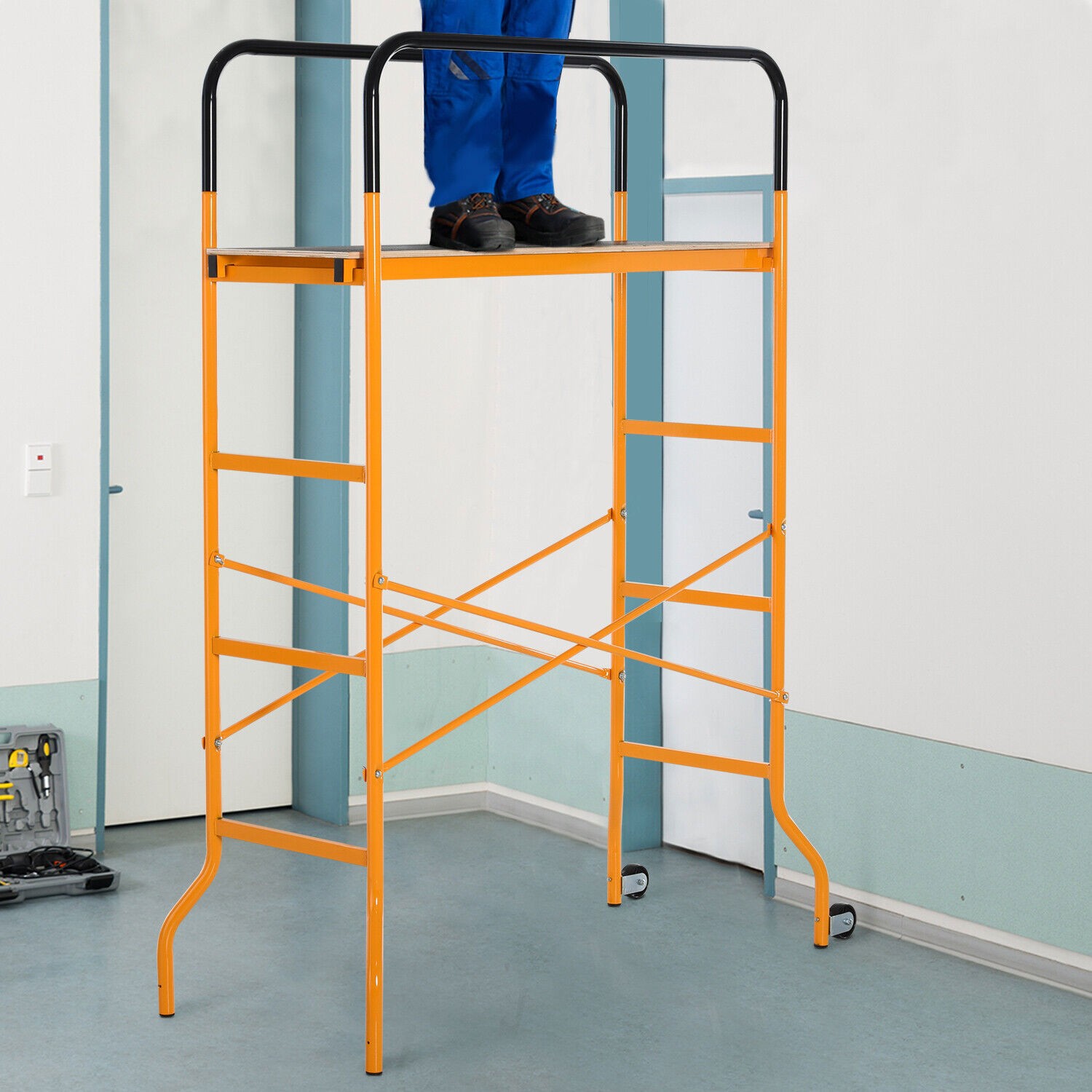 4-Step Scaffold Scaffolding Ladder Work Platform Steel Jobsite Mobile Wheels