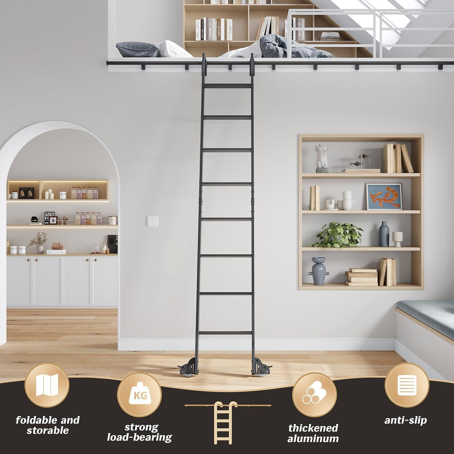 Aluminium Rolling Library Step Ladder with 8FT Sliding Track Kit – Metal Black